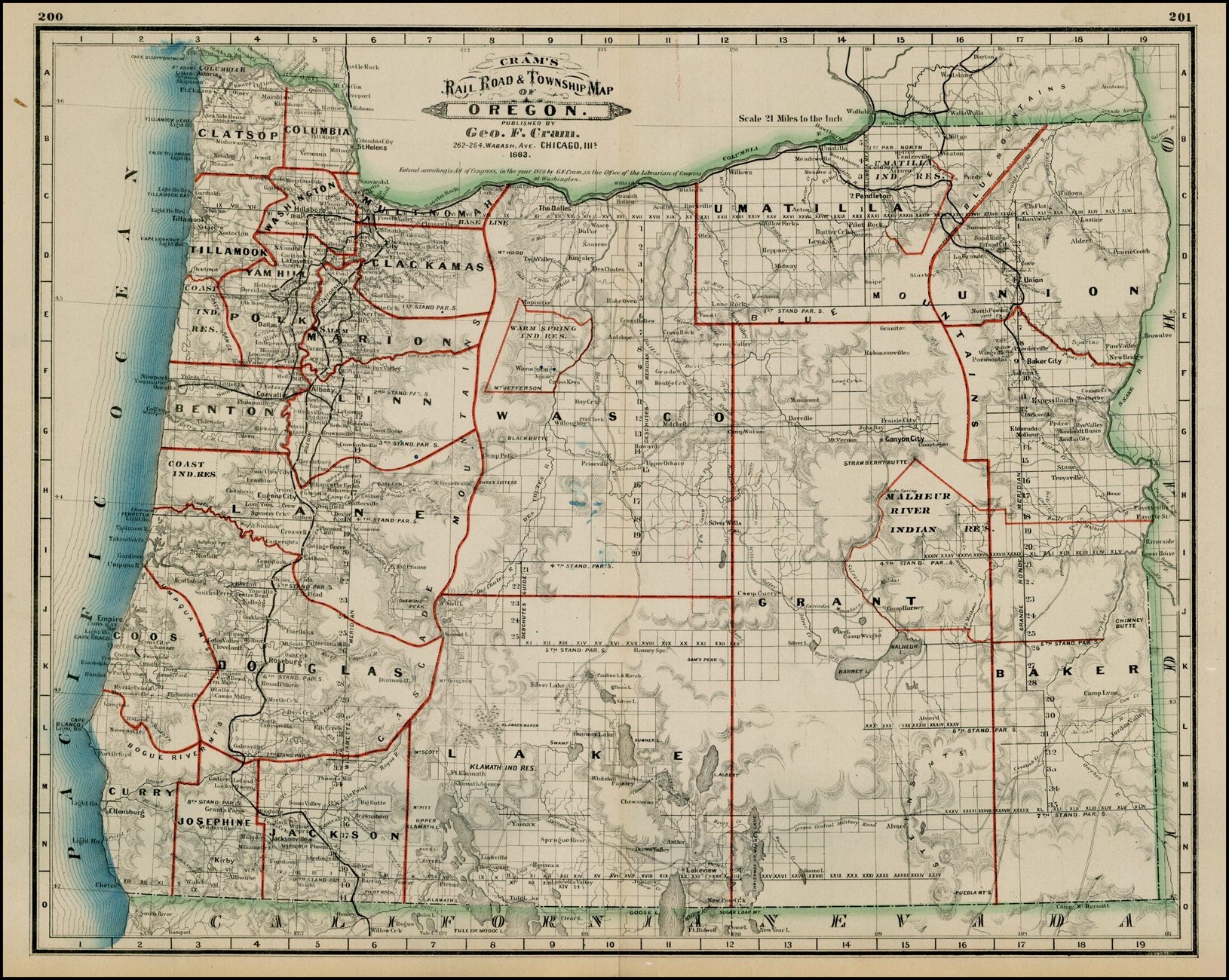 Cram's Rail Road & Township Map of Oregon . . . 1883 Barry Lawrence