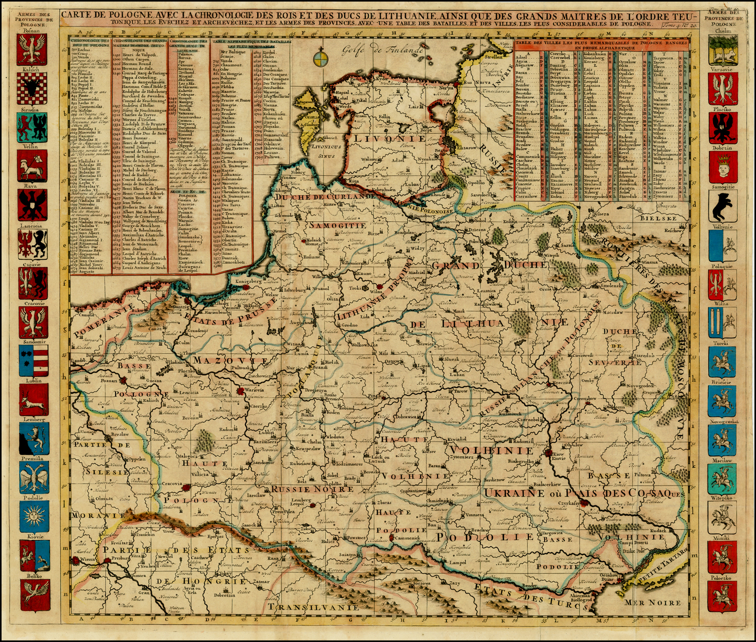 Carte De Pologne Avec La Chronologie Des Rois Et Des Ducs De Lithuanie Ainsi Que Des Grands Maitres De L Ordre Teutonique Les Evechez Et Archeveches Et Les Armes Des Provinces