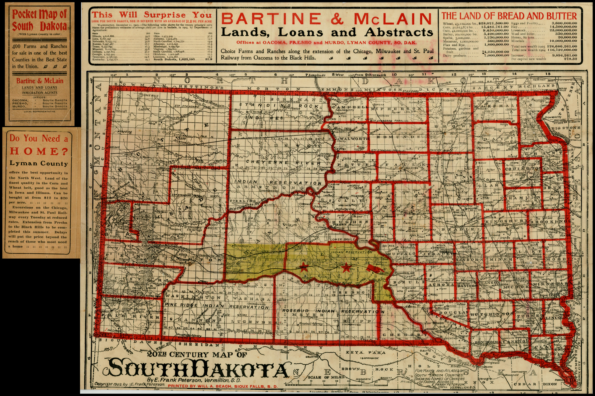 20th Century Map of South Dakota By E. Frank Peterson, Vermillion, S.D