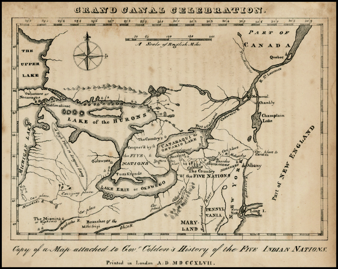 Grand Canal Celebration. Copy of a map attached to Govr. Colden's History  of the Five Indian Nations. - Barry Lawrence Ruderman Antique Maps Inc., image size:1131x900