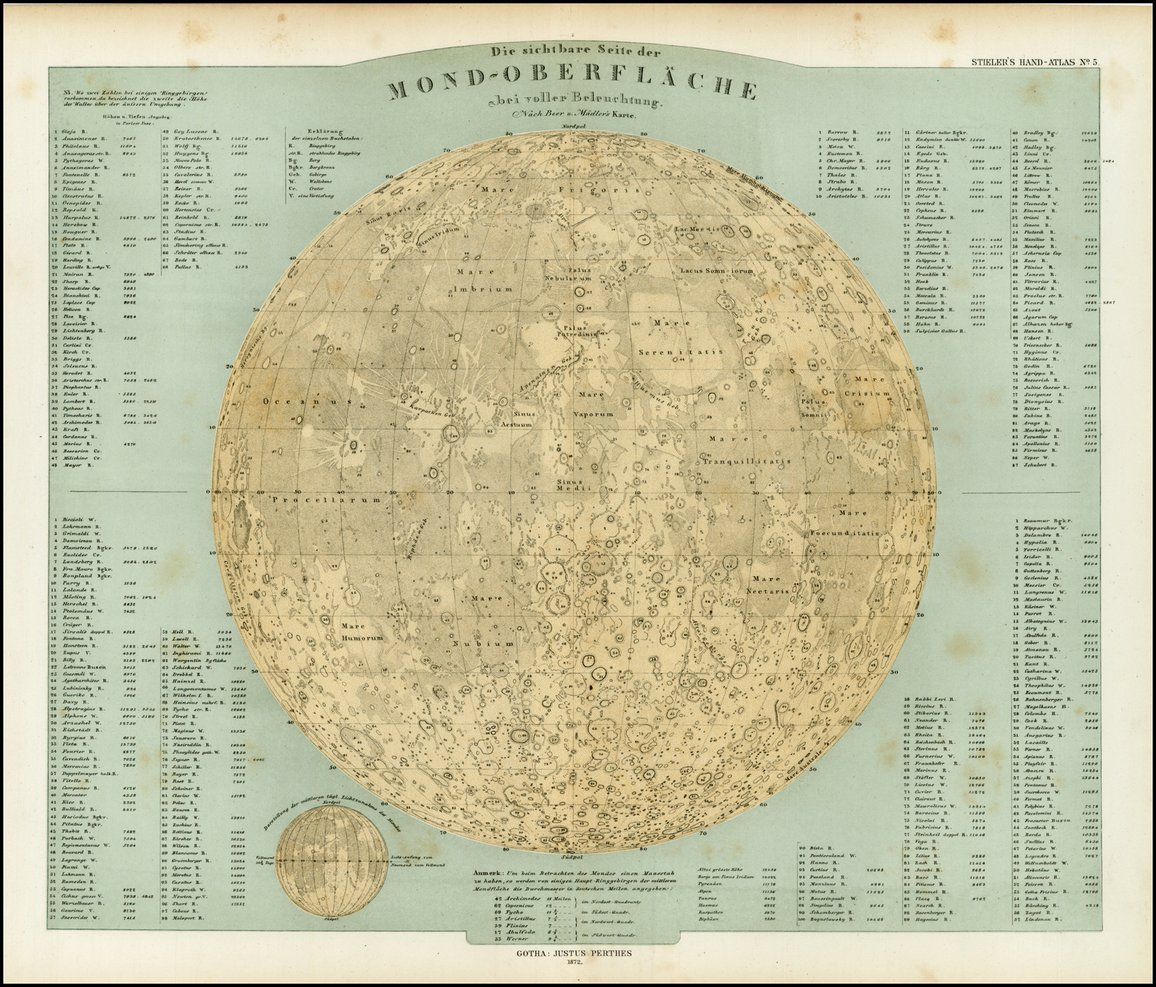Mond Übersichtskarte des Mondes Mondkarte  Astronomie Karte Lithographie 1895