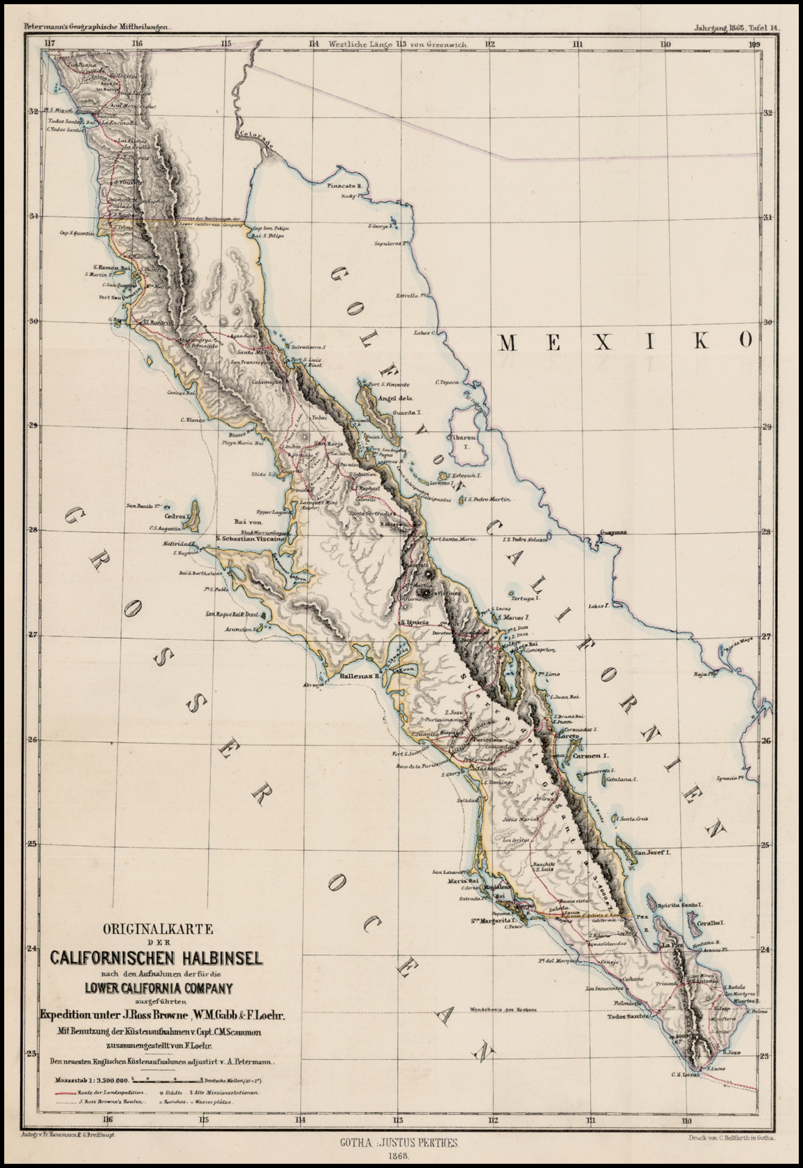 Originalkarte Der Californischen Halbinsel nach den Aufnachmen der fur die  Lower California Company ausgefurthen Expedition unter J. Ross Brown, W.M.  Gabb & F. Loeher . . . - Barry Lawrence Ruderman Antique Maps Inc.