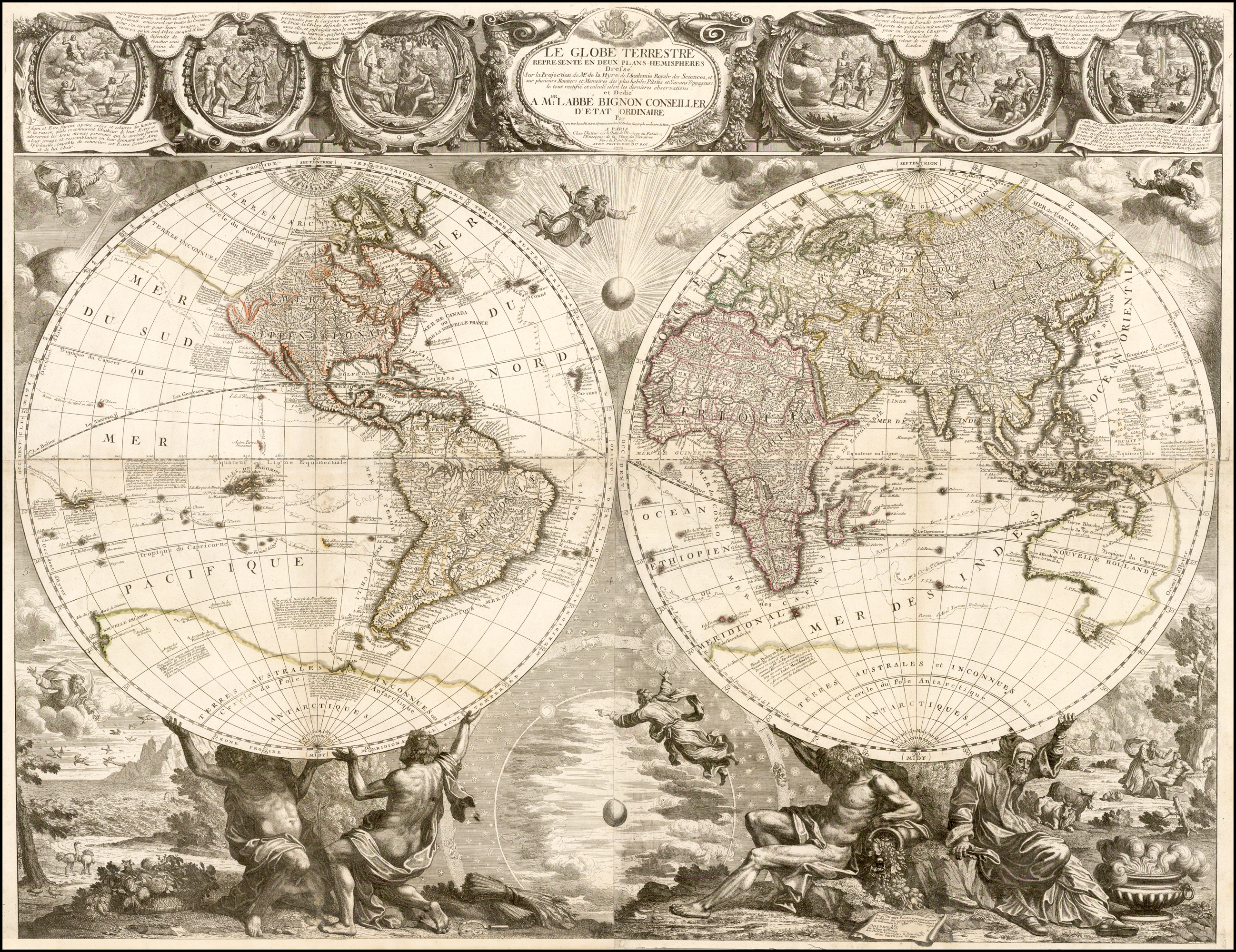 Historical Map, 1752 Mappemonde ou Description du Globe terrestre, Vin -  Historic Pictoric