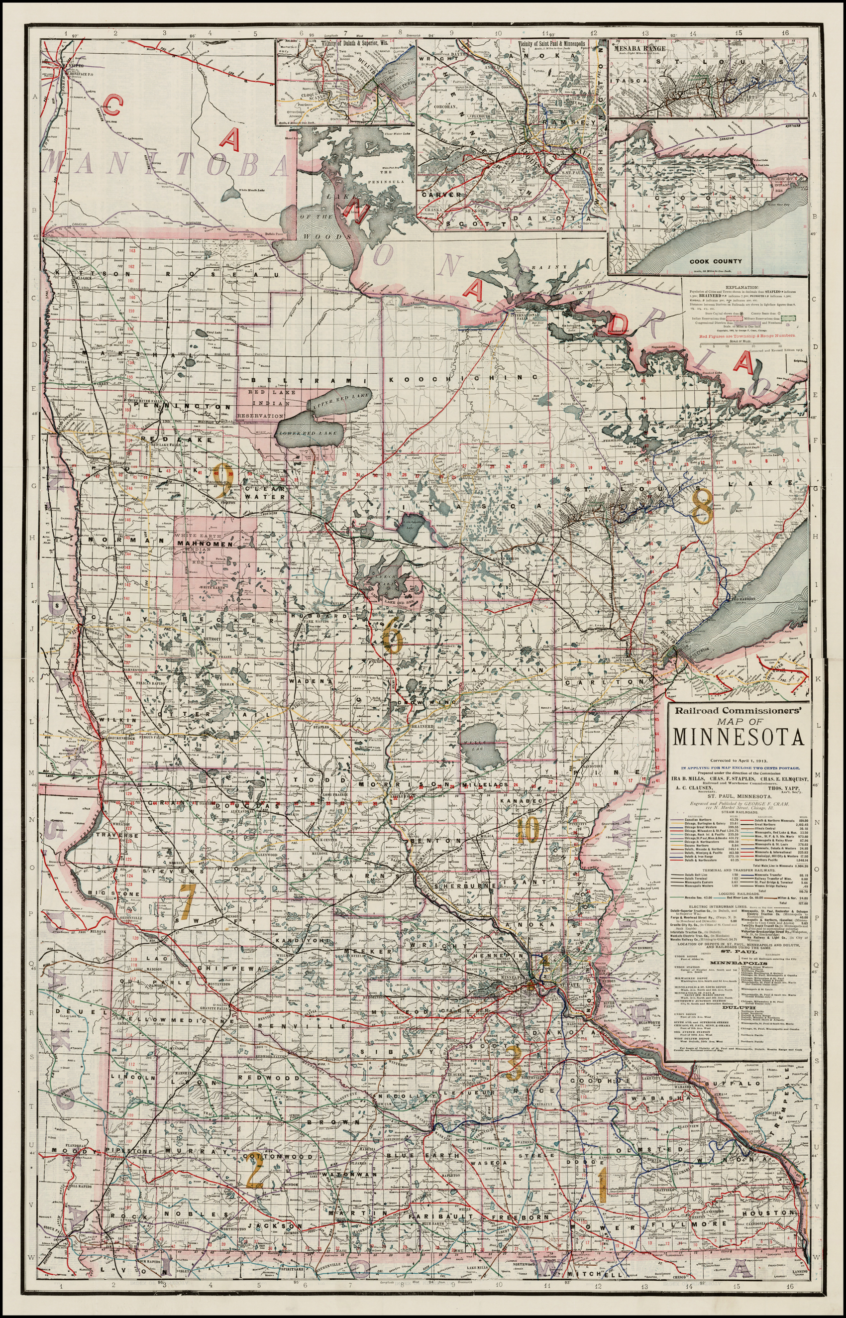 Railroad Commissioners' Map of Minnesota Corrected to April 1, 1913 ...