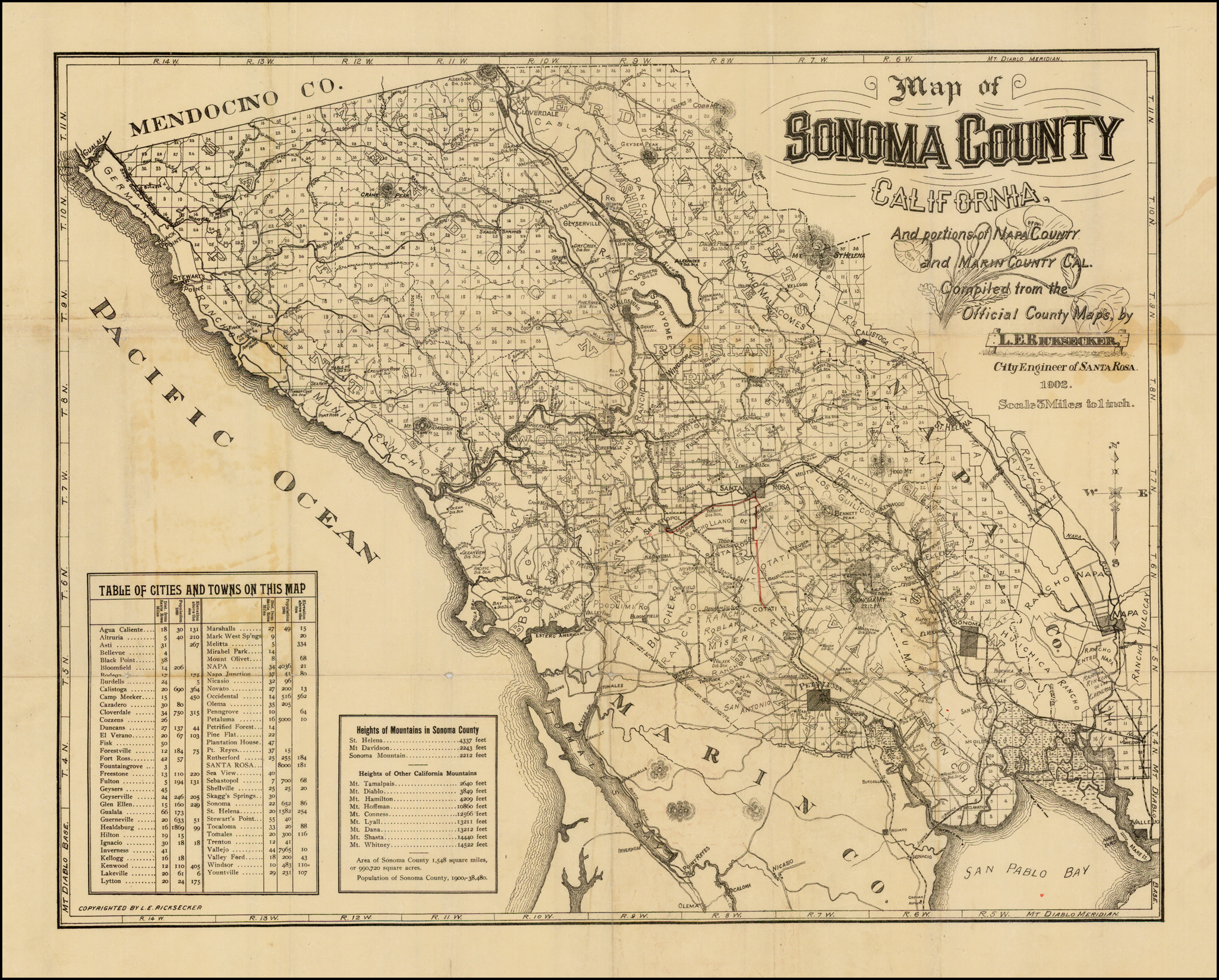 Map Of Sonoma County Map Of Sonoma County California, And Portions Of Napa County, Marin County  Cal. Compiled From The Official Maps By L.e. Ricksecker, City Engineer Of  Santa Rosa. 1902. - Barry Lawrence Ruderman Antique