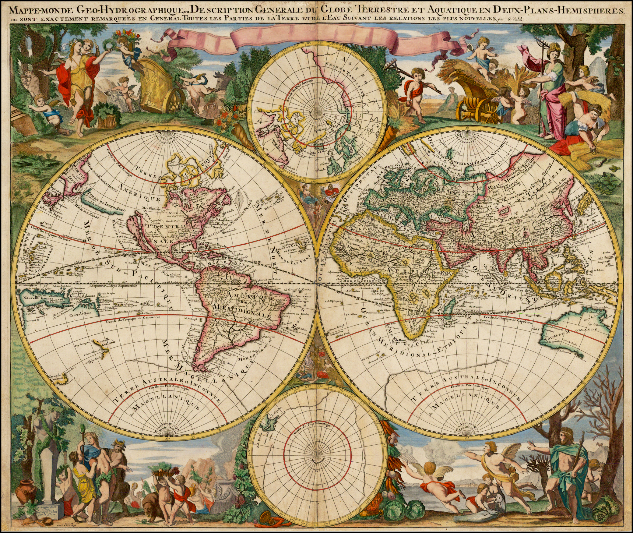 Mappe Monde Geo Hydrographique Ou Description Generale Du Globe Terrestre Et Aquatique En Deux Plans Hemispheres Ou Sont Exactement Remarquees En General Toutes Les Parties De La Terre Et De L Eau Suivant Les Relations Les Plus