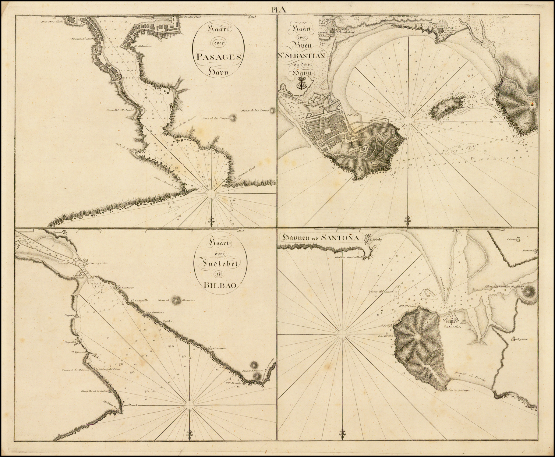 Kaarte over Pasages Havn / Kaart over Byen St. Sebastian og dens Havn / Kaart over Sudlobet til Bilbao  / Havenen ved Santoa