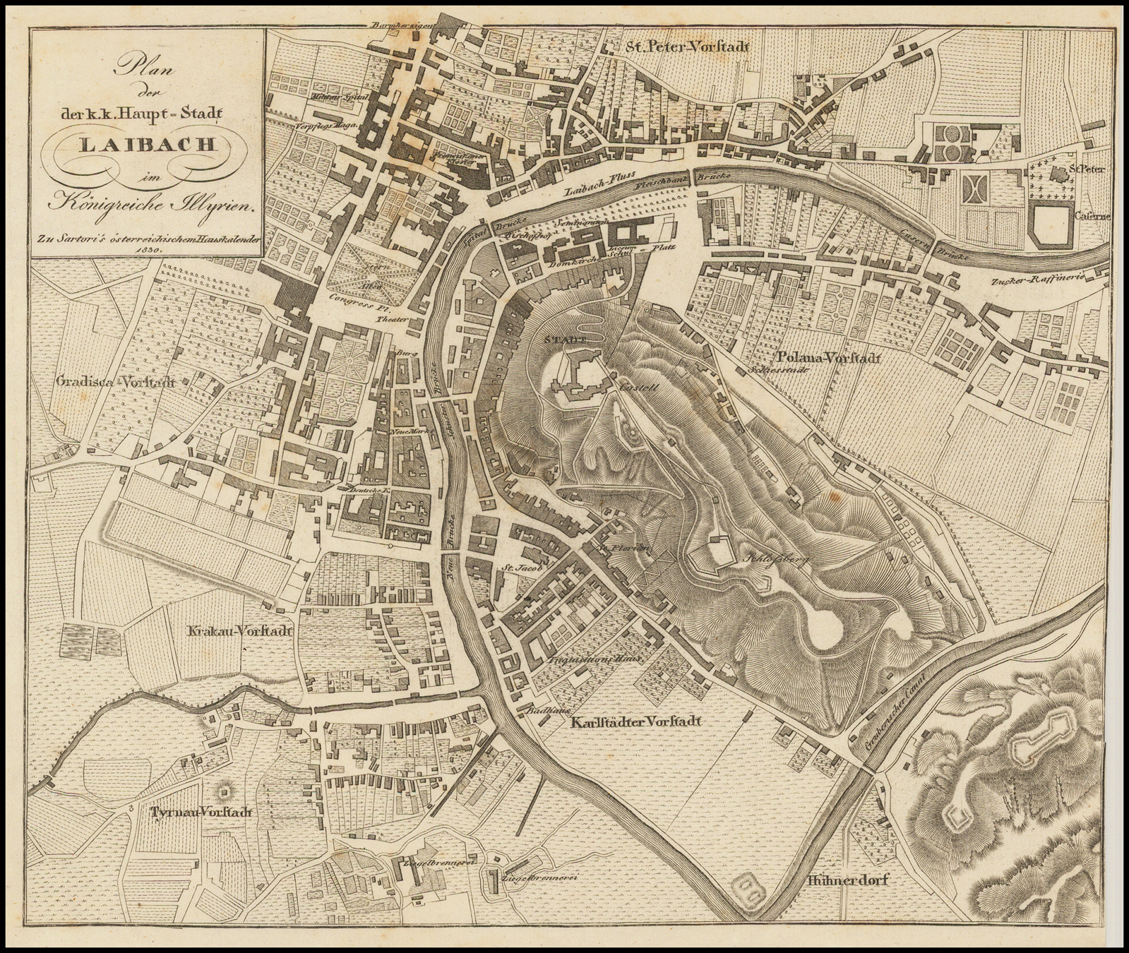 Ljubljana] Plan der k.k. Haupt-Stadt Laibach im Konigreich Illyrien Zu Sartori's österreichischen Hauskalender 1830 - Barry Lawrence Ruderman Antique Maps Inc.