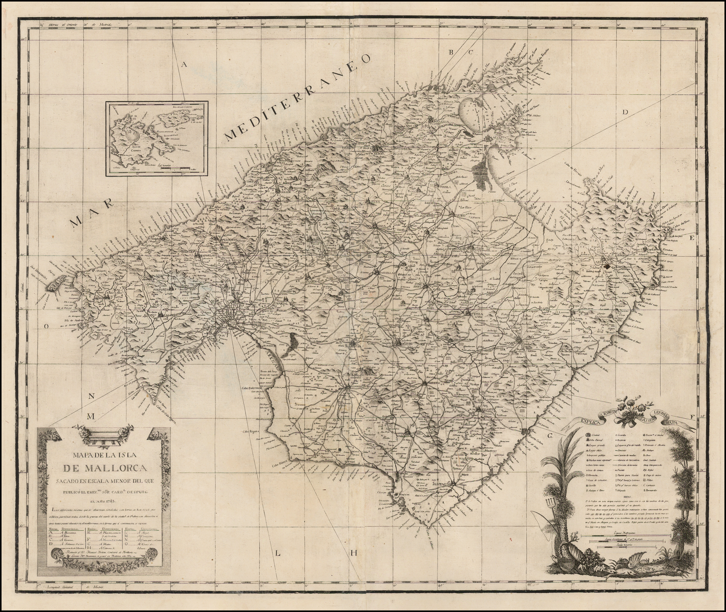 Mapa de la Isla de Mallorca sacado en escala menor del que publico el E.S.  Cardenal Despuig El Año 1785. Reducido por Manuel Briton Comisario de  Artilleria. Lorenzo Ma. Muntaner Lo Grabo, image size:2489x2100