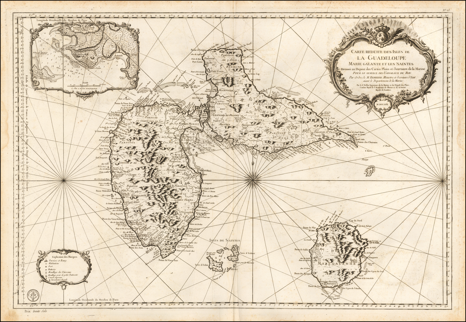 Carte Reduite Des Isles De La Guadeloupe Marie Galante Et Les Saintes Dressee Au Depost Des Cartes Plans Et Journaux De La Marine Pour Ordre De M Berryer Ministre