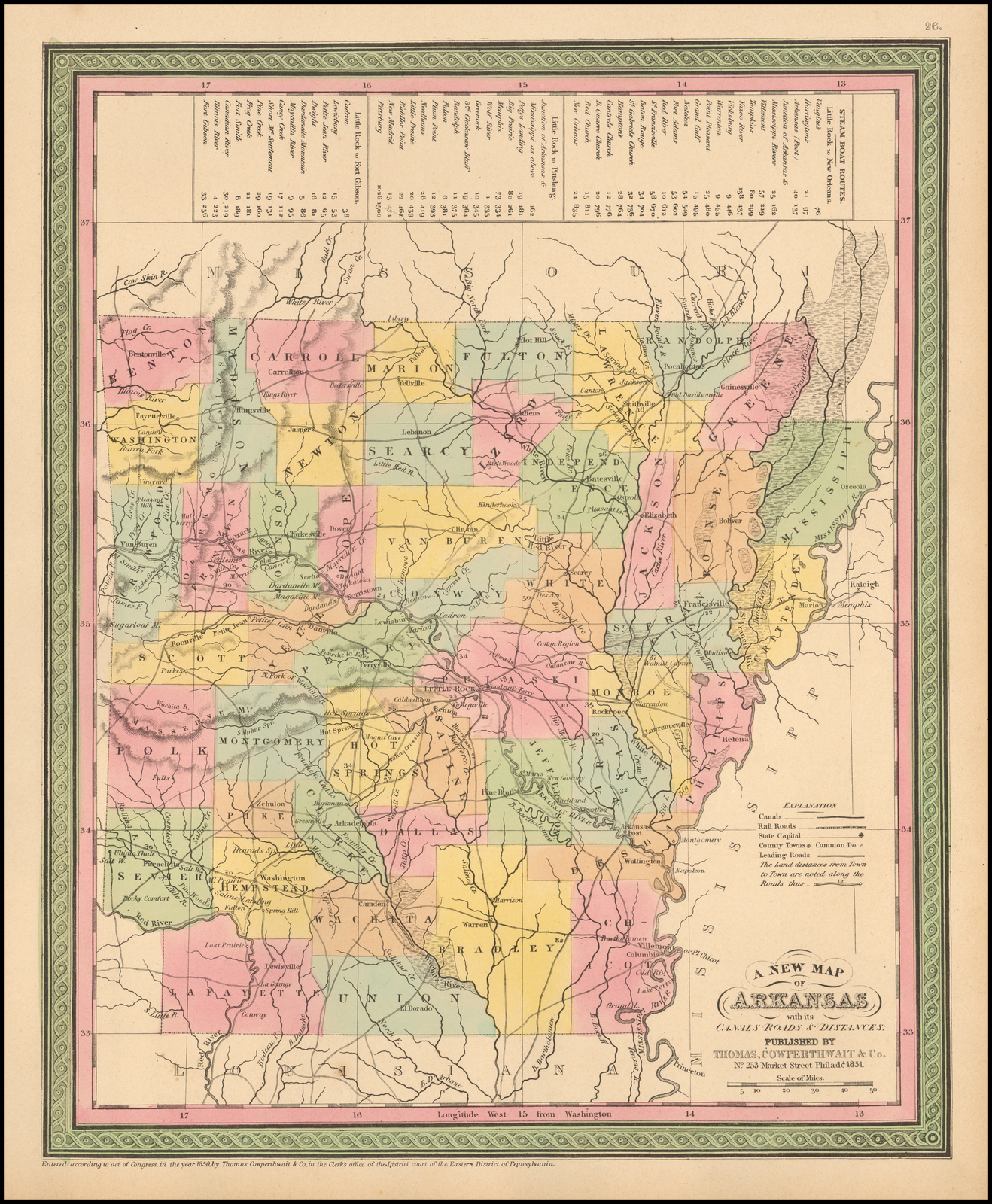 A New Map of Arkansas with its Canals Roads & Distances . . .