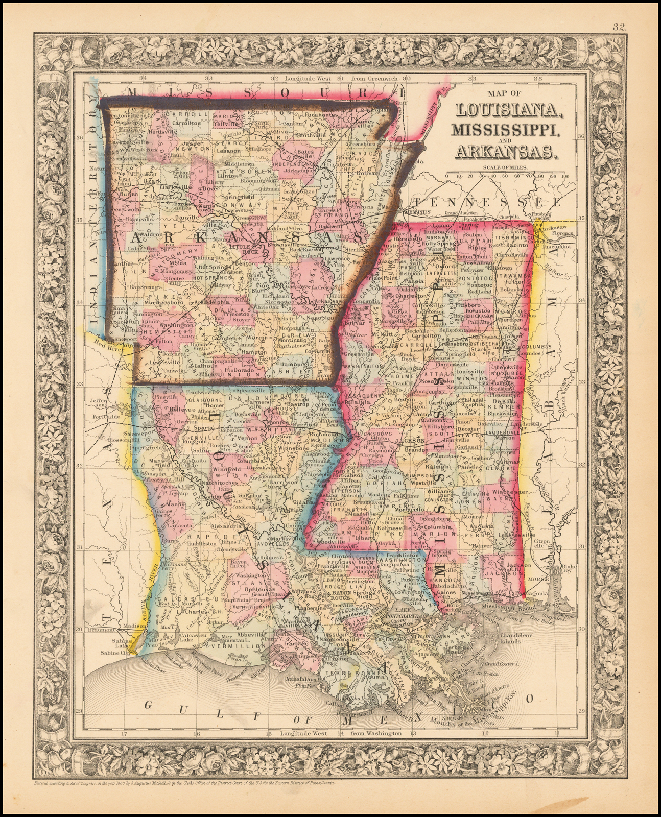 Map of Arkansas, Mississippi and Louisiana