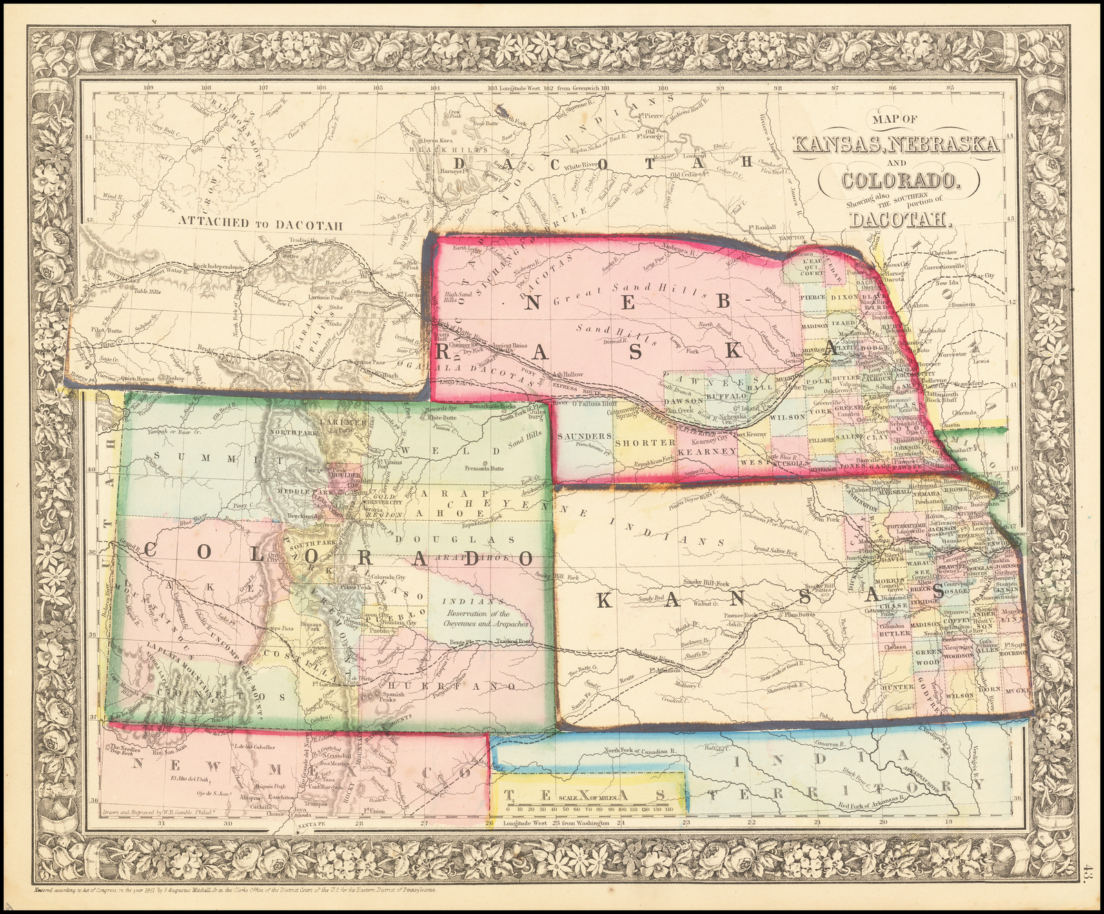 Road Map Of Kansas And Colorado Map Of Kansas, Nebraska And Colorado, Showing Also The Southern Portion Of  Dacotah [Wyoming Shown As Attached To Dacotah] - Barry Lawrence Ruderman  Antique Maps Inc.