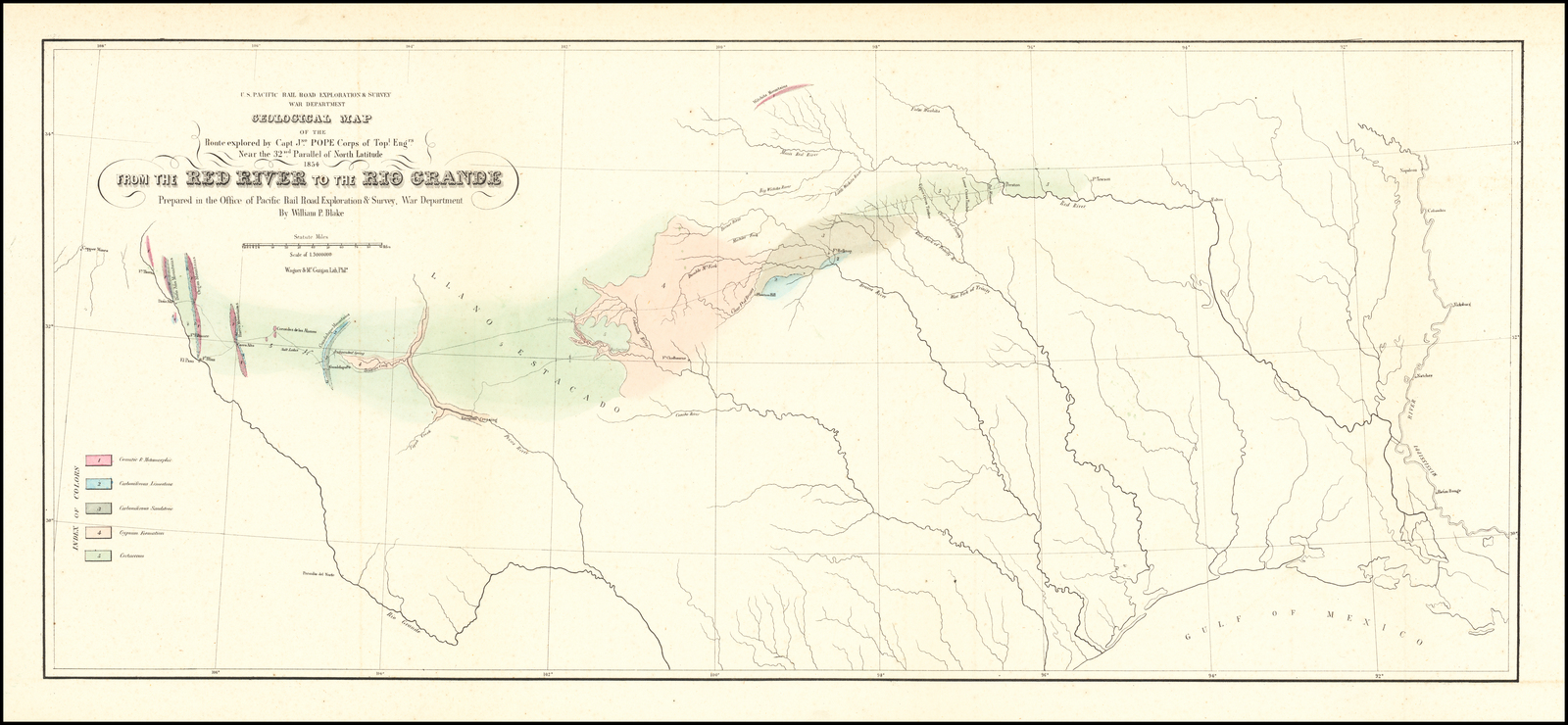 Geological Map Of The Route Explored By Capt Jno Pope Corps Of Topl Engrs Near The 32nd Parallel Of North Latitude 1854 From The Red River To The Rio Grande