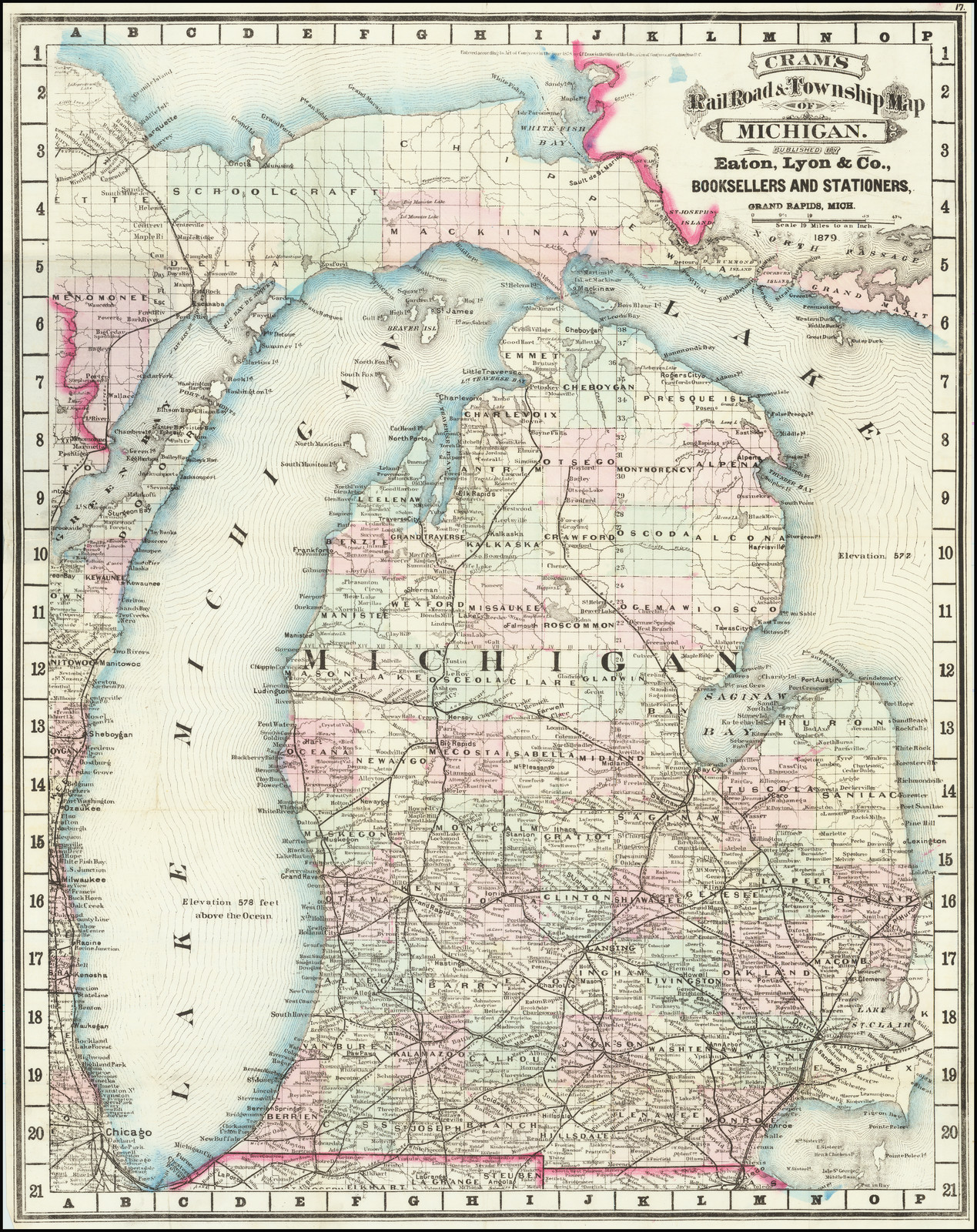 George F Cram Company Maps Cram's Rail Road & Township Map Of Michigan. Published By Geo. F. Cram  Proprietor Of The Western Map Depot… 1879 - Barry Lawrence Ruderman Antique  Maps Inc.