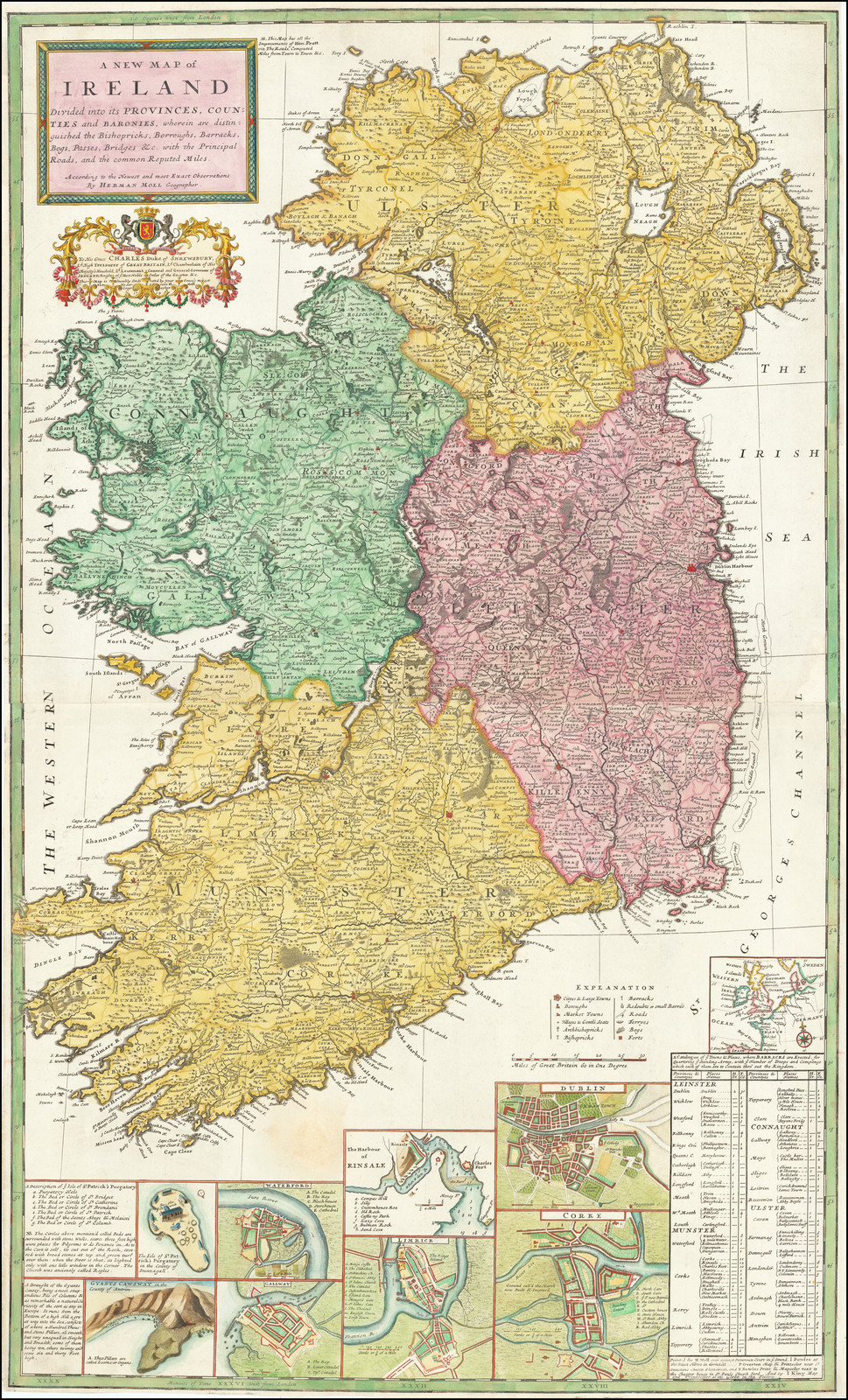 A New Map of Ireland Divided into its Counties, Provinces, and Baronies, wherein are Distinguished the Bishopricks, Borroughs, Barracks, Bogs, Passes, Bridges, &c., with the Principal Roads, and Common Reputed Miles