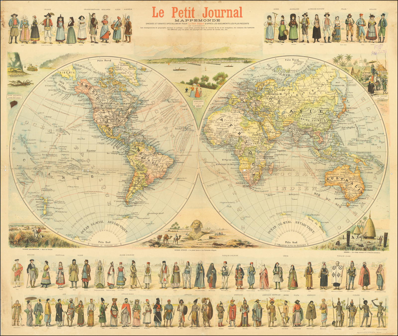 Historic Map : 1828 Mappemonde, sur l'horizon de Paris; Mappemonde sur la  Projection Polaire. - Vintage Wall Art - 32in x 36in