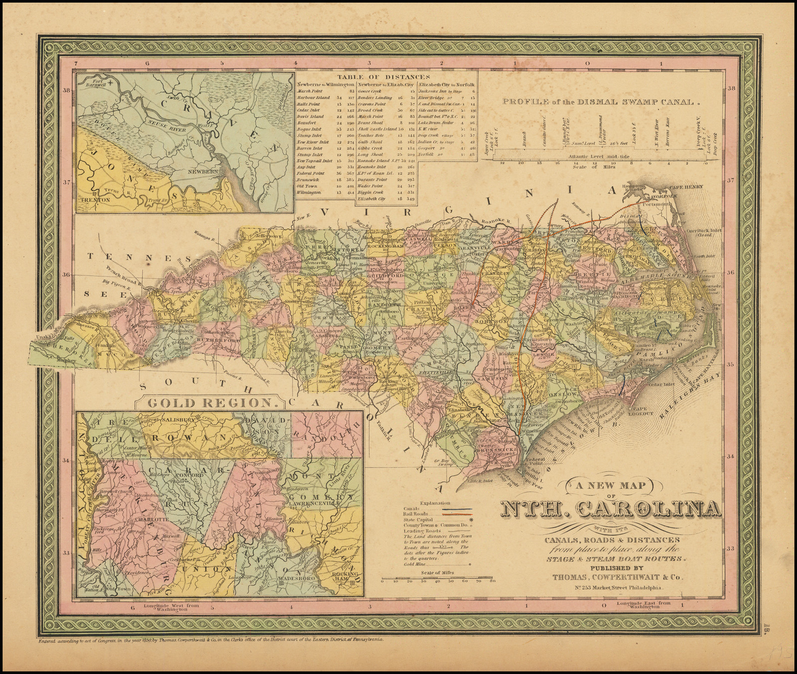 A New Map Of Nth. Carolina with its Canals, Roads & Distances from Place to Place, along the Stage & Steam Boat Routes