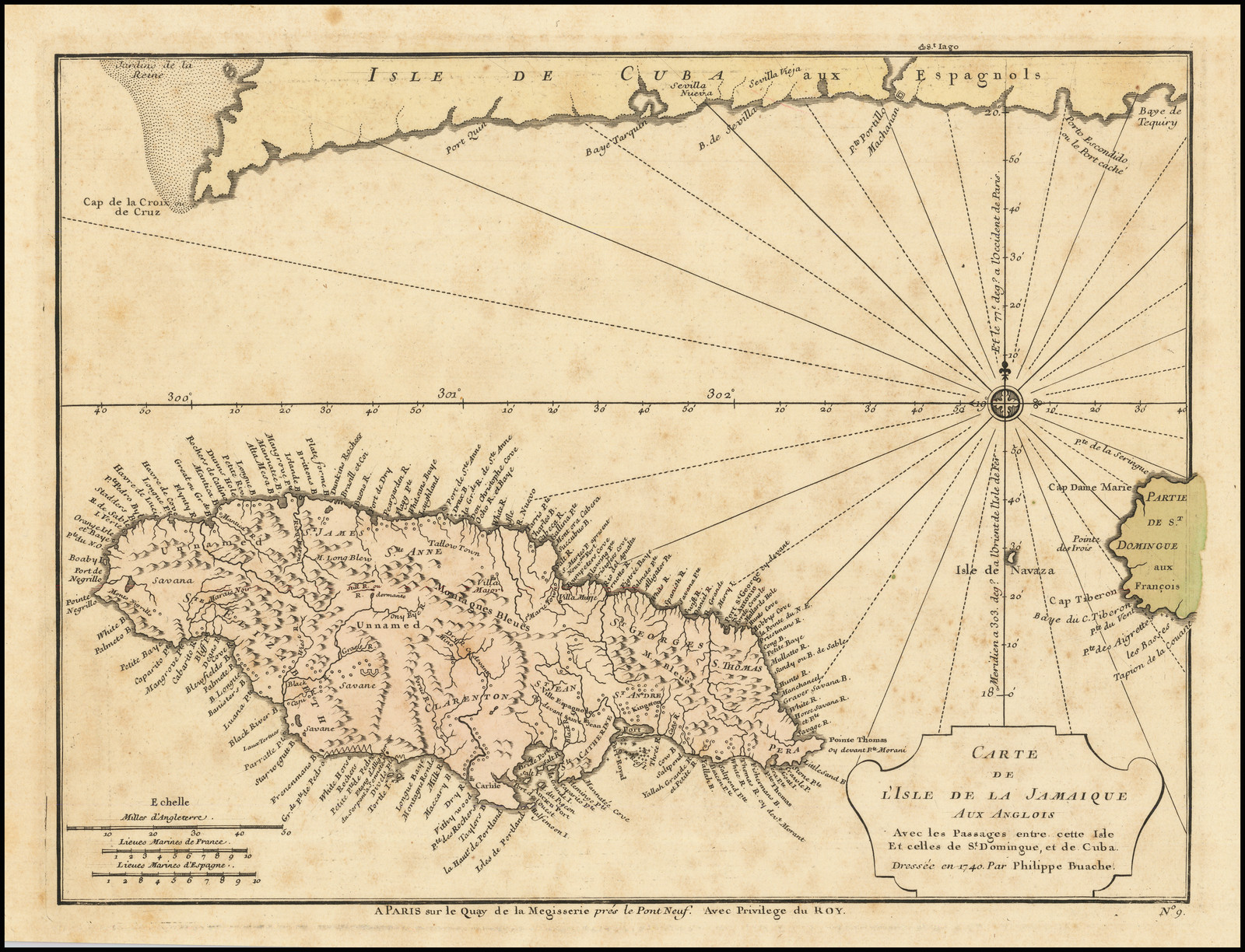 Carte de L'Isle de la Jamaique  Aux Anglois Avec les Passages entre cette Isle Et celles de St. Domingue et de Cuba . . . 1740 . . .