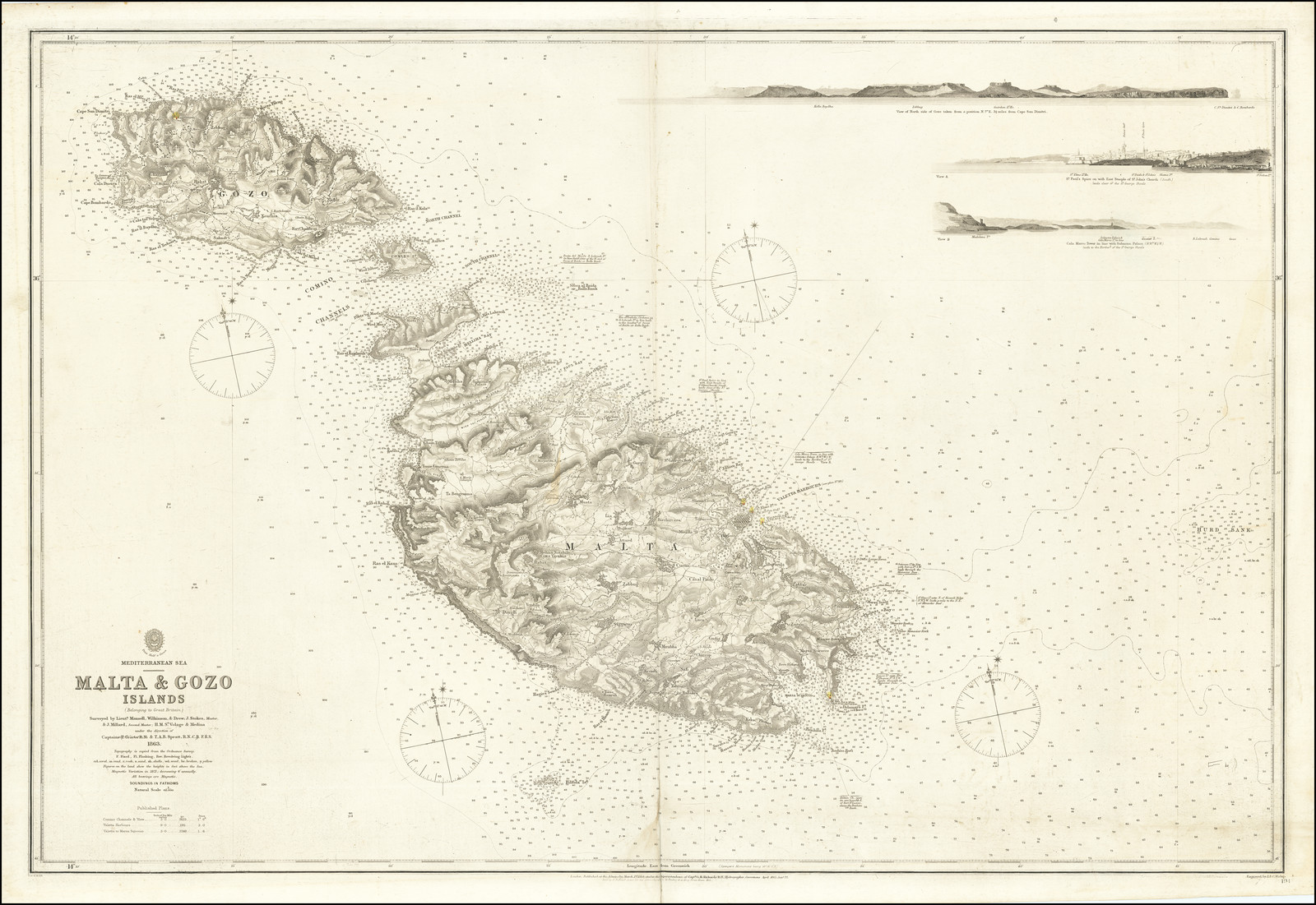 Malta & Gozo Islands (Belonging to Great Britain) Surveyed by Lieuts. Mansell, Wilkinson, & Drew . J Stokes Mastr & J Millard second master HMS Volage & Medina under the direction of Captains T Graves RN & TAB Spratt RN CB FRS.  1863