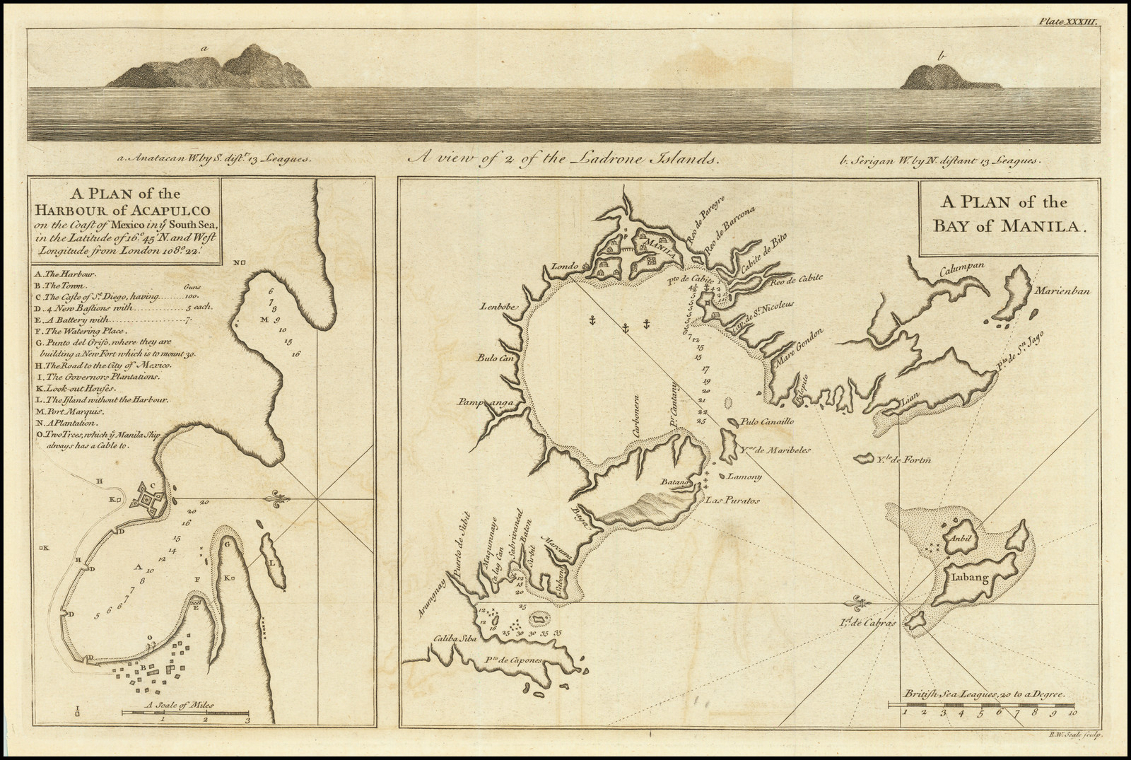 A Plan of the Bay of Manila [and] A Plan of the Harbour of Acapulco on the Coast of Mexico in ye South Sea . . .  (view of Ladrones).