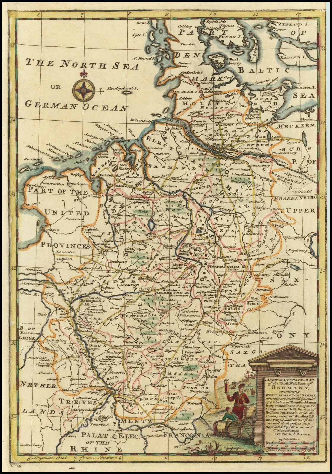 A New & Accurate Map of the North West part of Germany, containing Westphalia & Lowr. Saxony wherein are included ye Domins. of ye Electors of Brunswick Lunenburg or Hannover  Cologne &c. . . .