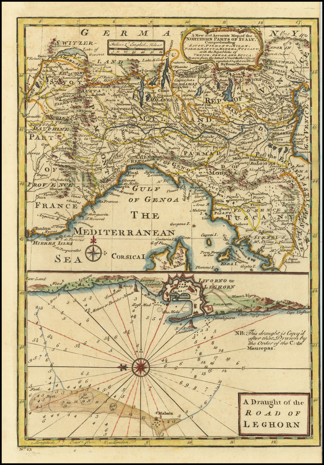 A New and Accurate Map of the Northern Parts of Italy, Comprehending Savoy, Piemont, Milan...Tuscany with the Republicks of Venice... [with] A Draught of the Road of Leghorn