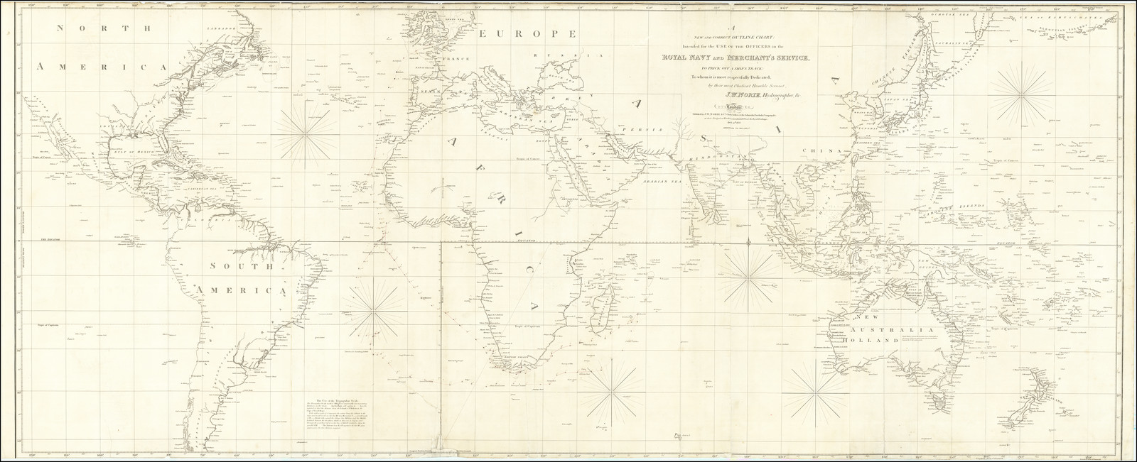 A New and Correct Outline Chart: Intended for the Use of the Officers in the Royal Navy and Merchant's Service To Prick Off A Ship's Track . . . 1833.  Additions to 1834 & 6 & 7