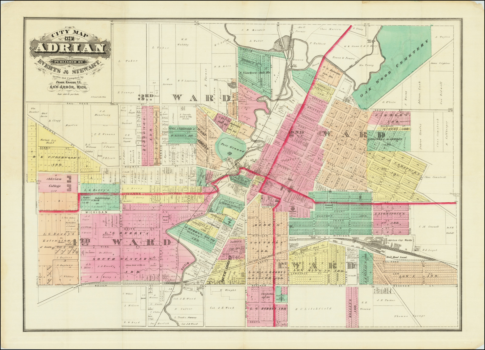 City Map of Adrian Published by Everts & Stewart. Drawn and Compiled By