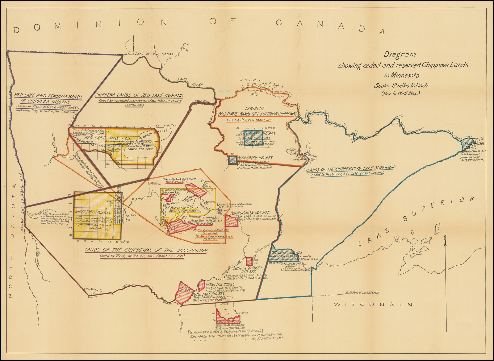 Diagram showing ceded and reserved Chippewa lands in Minnesota