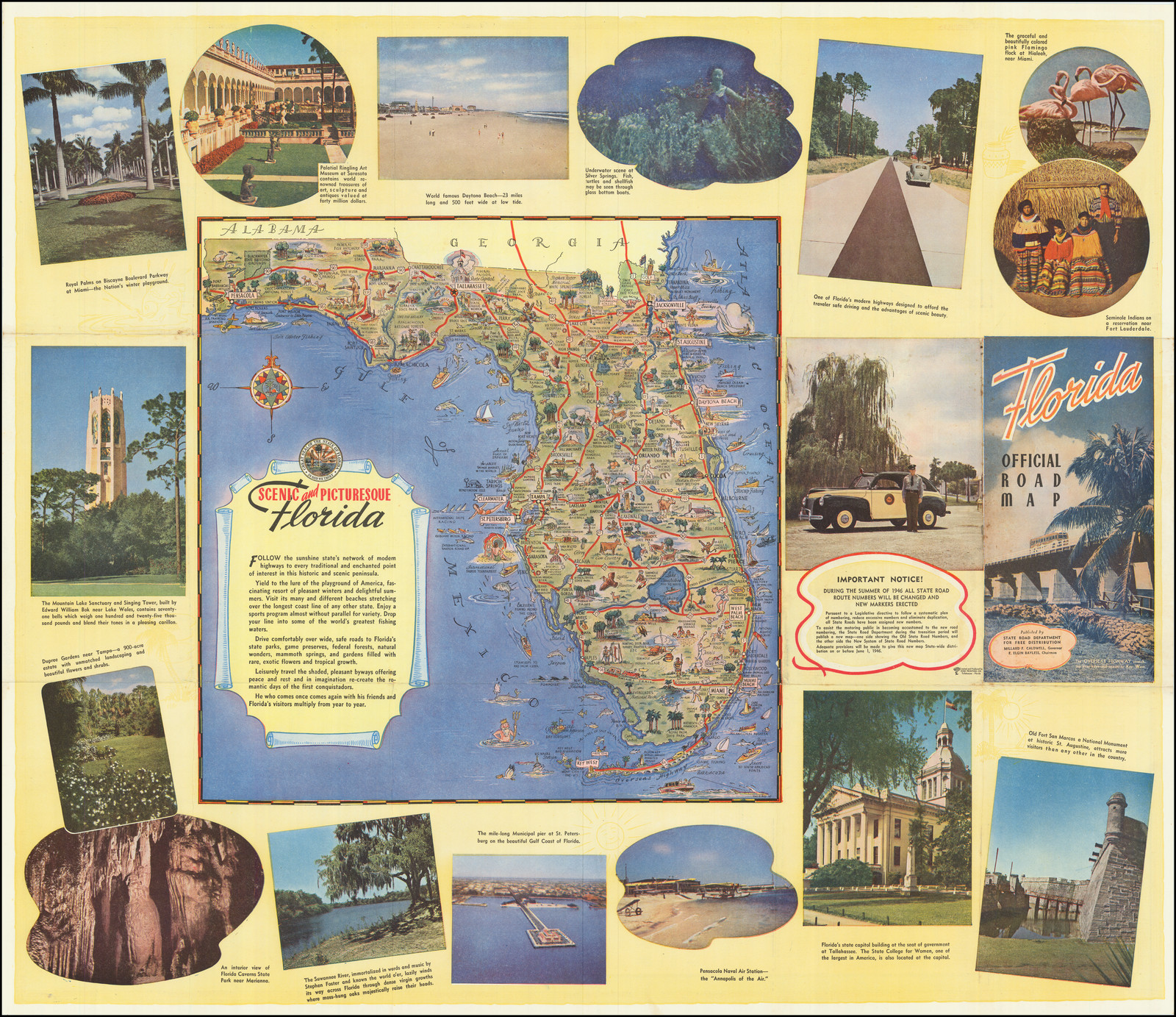 Scenic and Picturesque Florida / Official State Map of Florida - Barry  Lawrence Ruderman Antique Maps Inc., image size:1600x1383