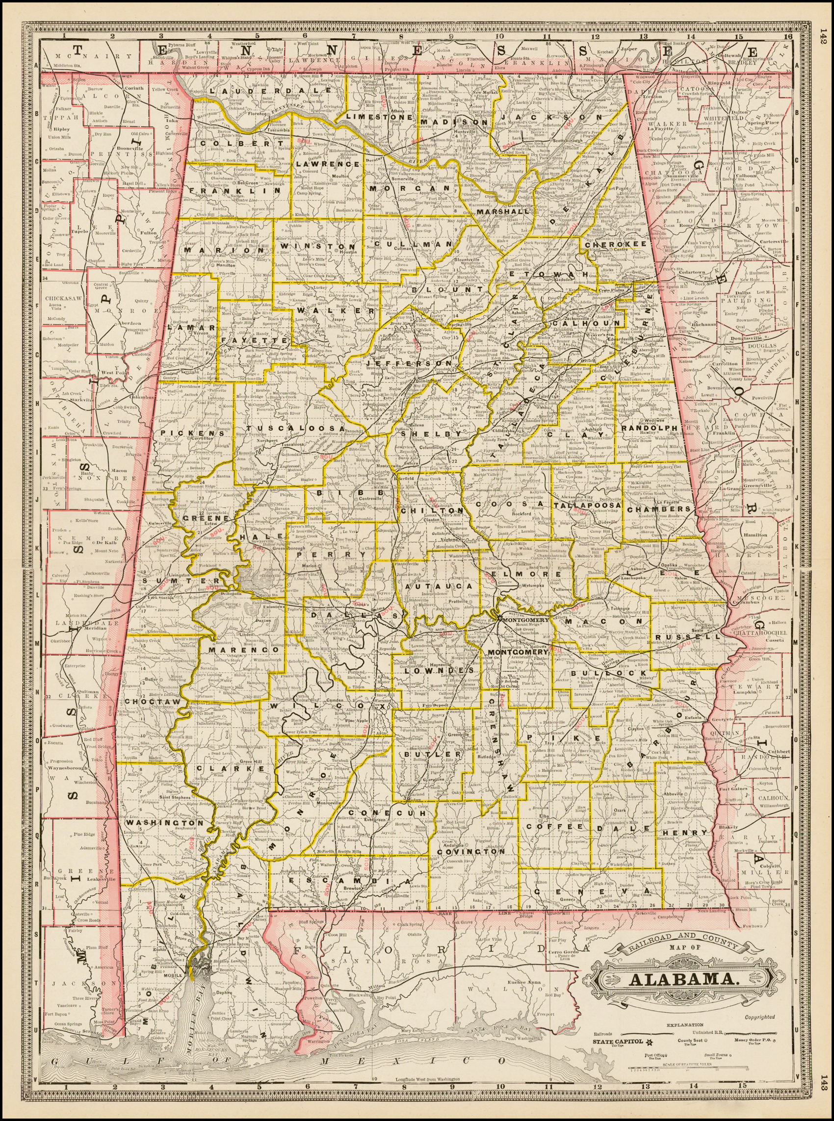 Railroad and County Map of Alabama - Barry Lawrence Ruderman Antique