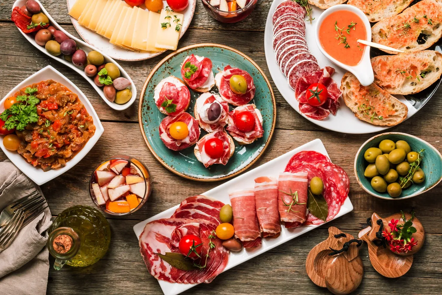 Spanish tapas and sangria on wooden table