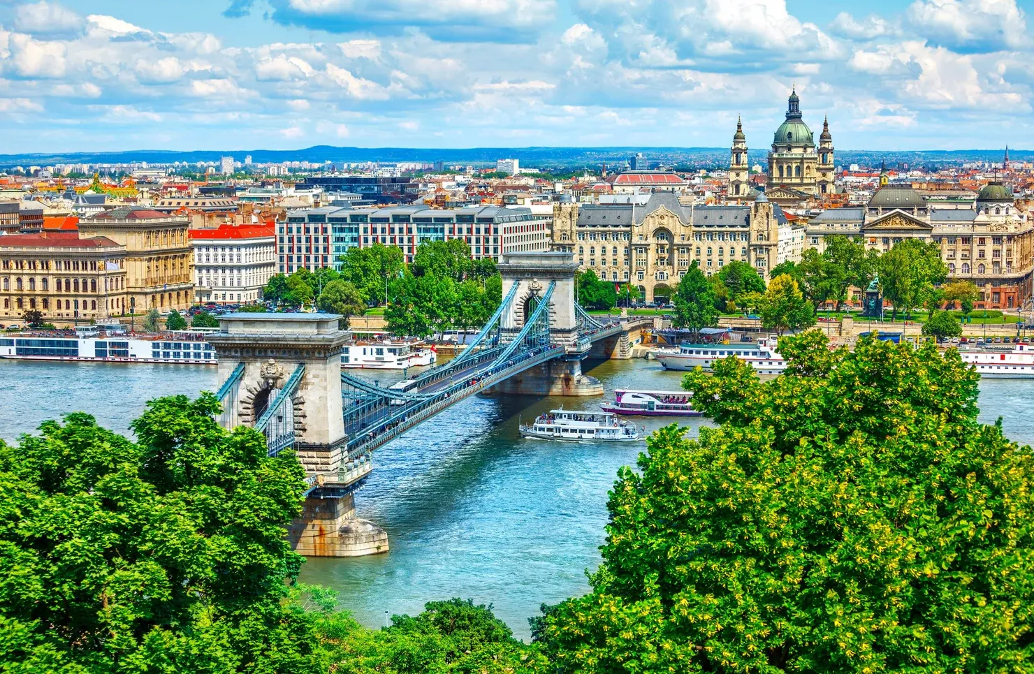 Chain bridge on Danube river in Budapest city, Hungary