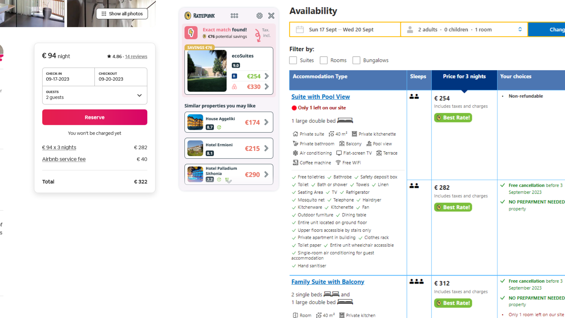 screenshot of airbnb property price versus booking.com