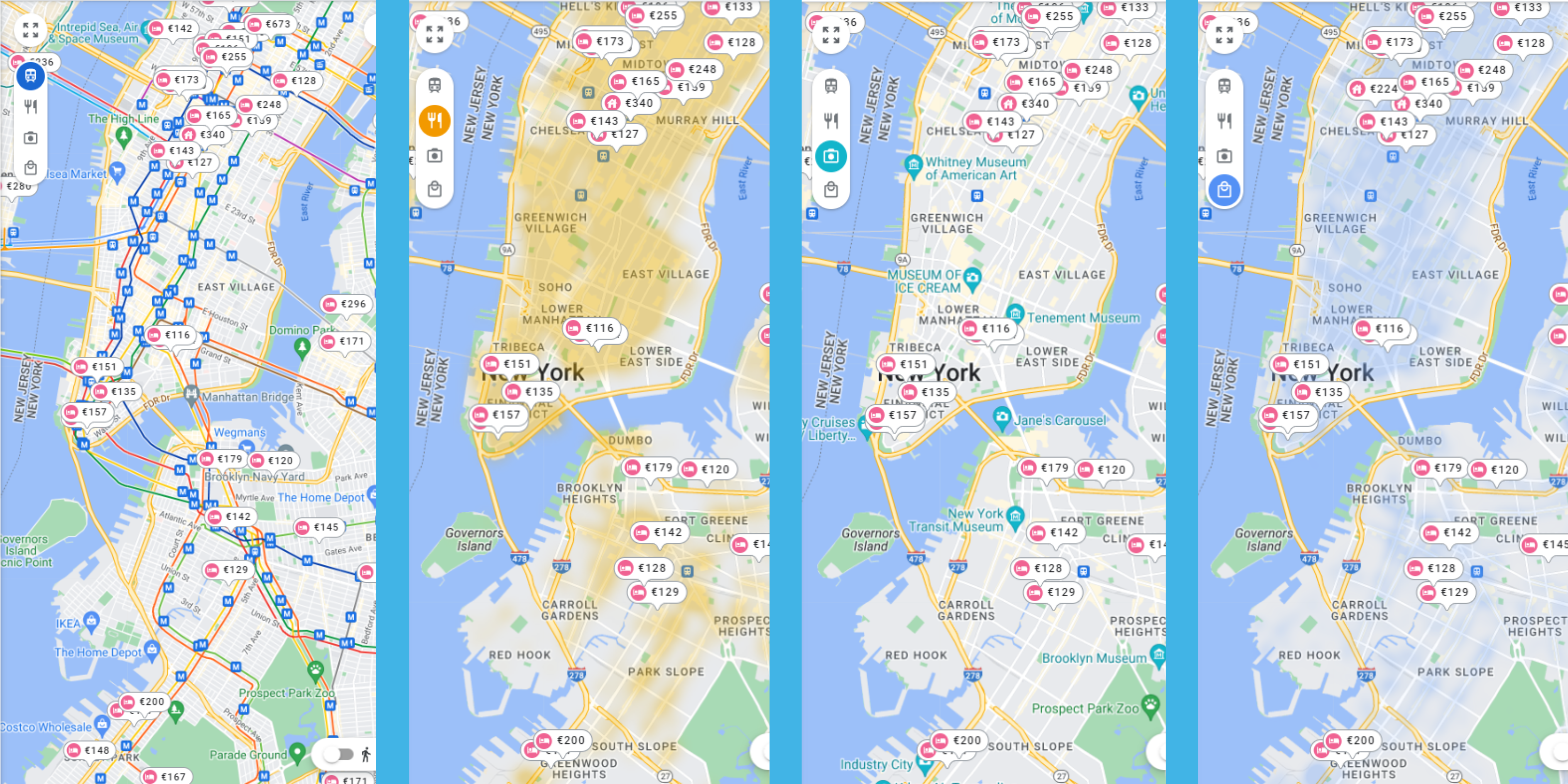 4 options of the interactive map in google hotels