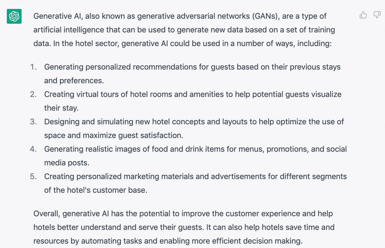 What are the applications of generative AI in the hotel sector?