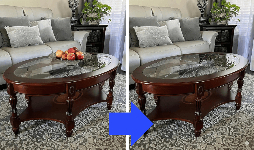 A coffee table manipulated by AI to look broken.