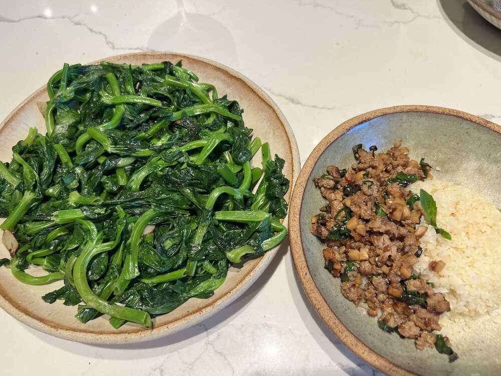 Thai basil chicken with cauliflower rice and chinese vegetables
