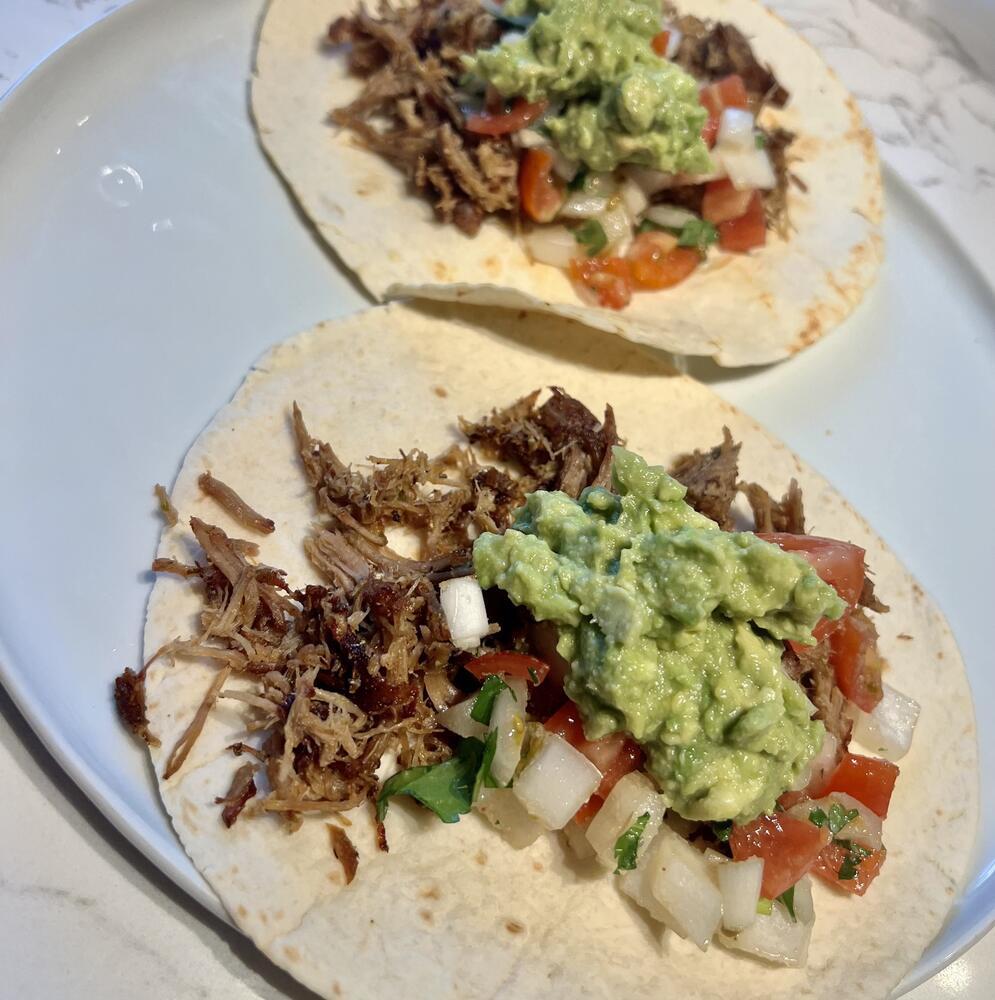 Carnitas tacos on low carb tortilla