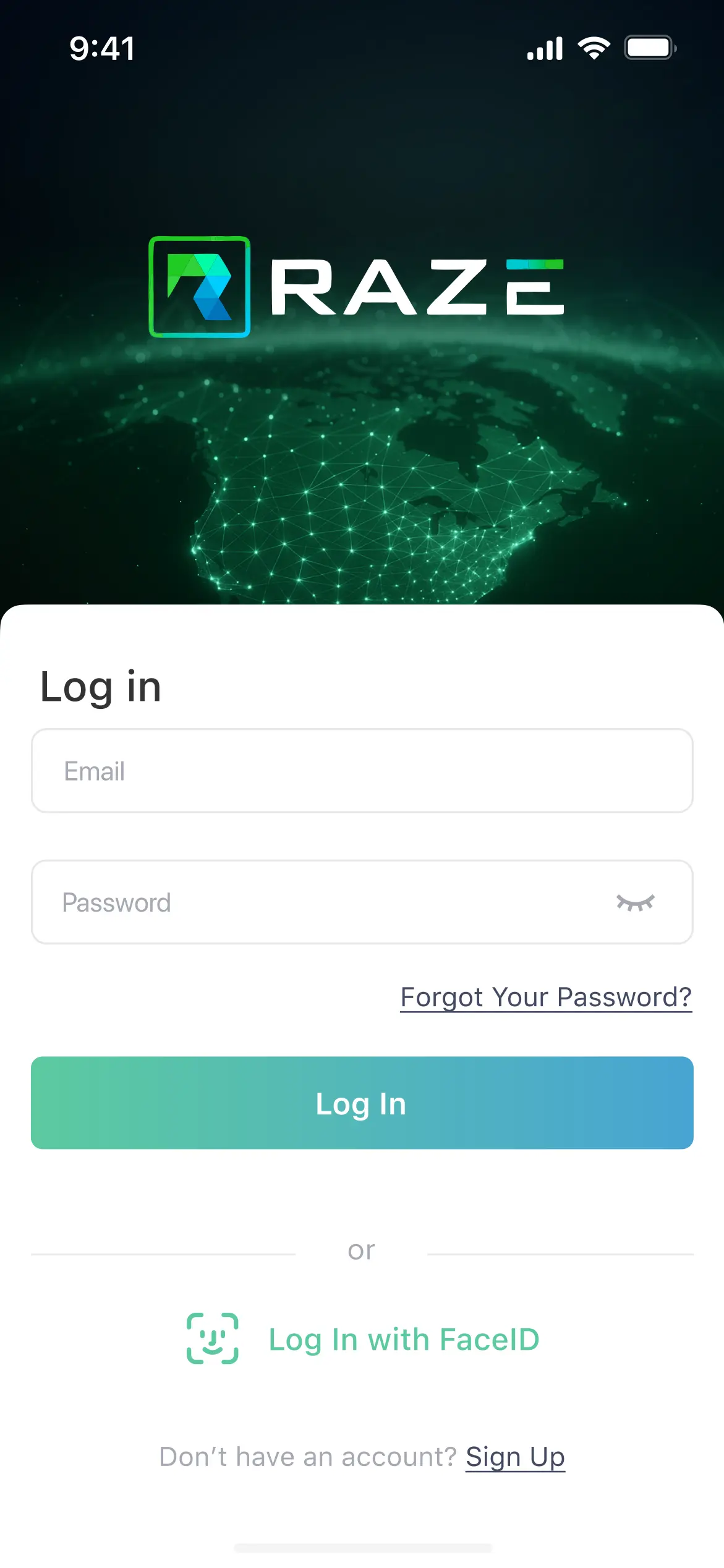 RAZE Mobile App Login Screen