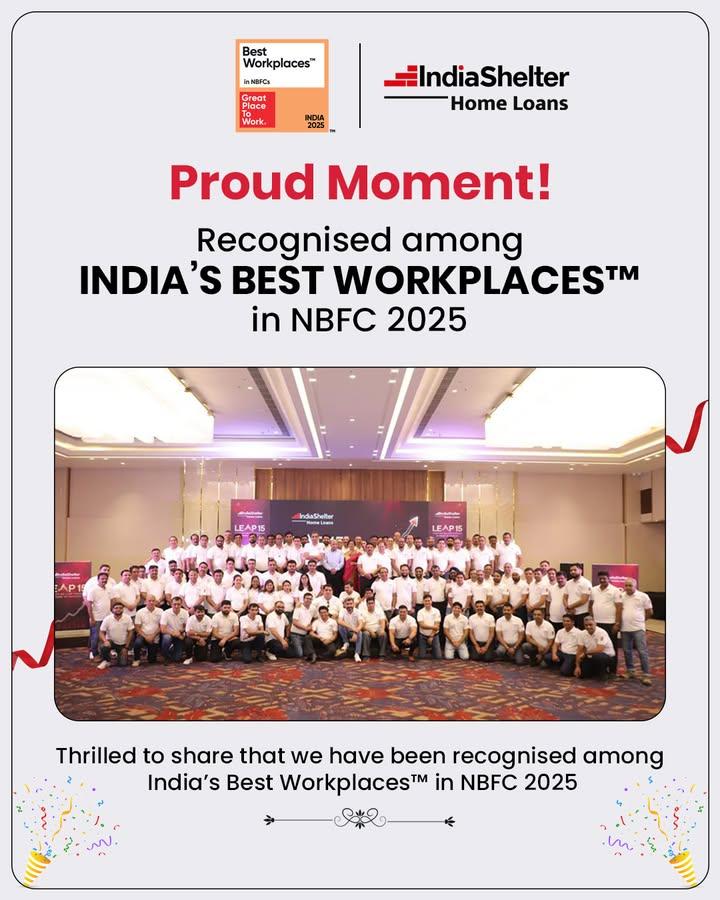 Proud Moment for India Shelter!

Thrilled to share that we have been recognised among India’s Best Workplaces™ in NBFC 2025.

#proudmoment #Indiashelter #NBFC #GPTW #bestworkplaces2025  #customerfirst