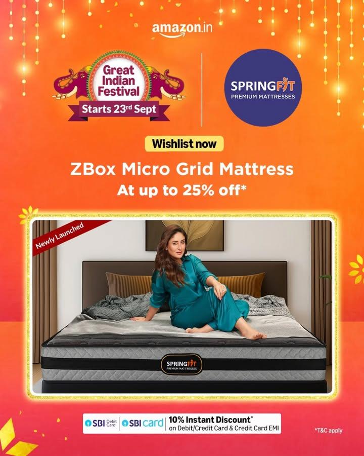 Festivals are for upgrades — and not just your wardrobe 
This year, upgrade your sleep game with the newly launched Springfit ZBox Micro Grid Mattress 
Think adaptive support, dreamy comfort, and durability that doesn’t quit.
✨ Up to 25% OFF + Extra 10% with SBI Cards
🗓️ Live from 23rd Sept, exclusively on @amazonin
Wishlist now. Because better sleep = better you.

#AGIF #GreatIndianFestival #AmazonSale2025 #SpringfitMattress #MattressSale #HomeComfort #Springfit #SleepUpgrade #DealsYouDeserve #PremiumMattress #Mattress #AmazonGreatIndianSale #TaiyaariKaTyohaar #AmazonGreatIndianFestival #amazonhome #amazonhomeindia #amazondeals #festiveseason #ZBoxMicroGridMattress #GridMattress