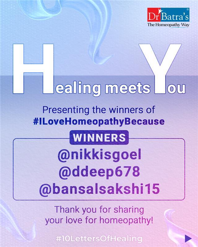 From Hope to Healing — You made #ILoveHomeopathyBecause truly unforgettable. 💙🌿
 
We received an overwhelming response, each echoing a deep belief in the gentle power of homeopathy. Every story was a reminder that homeopathy doesn’t just treat symptoms — it heals the person.
 
We’re proud to announce the winners whose words touched our hearts and truly stood out. 🏆✨
 
Congratulations to the winners and thank you for being a part of this beautiful journey of healing and hope.
.
.
#DrBatras #10LettersOfHealing #ContestWinners #HealingWithHeart #ILoveHomeopathyBecause #DrBatrasHealing #DrBatrasHealthcare #TheHomeopathyWay #HolisticHealing #HealingForAll #AbJeetoJaddSe