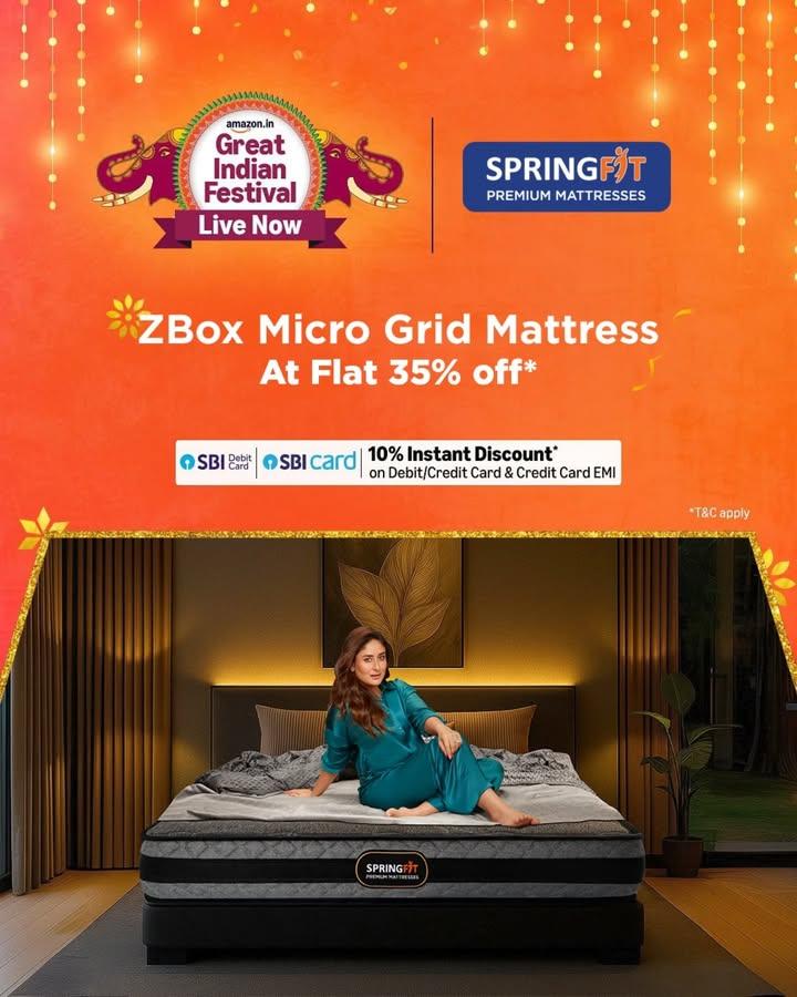 The festive season is all about comfort, joy, and happiness. 
And nothing screams joy louder than our newly launched ZBOX Micro Grid Mattress at a whopping 35% OFF! 
Shop now on Amazon during the Great Indian Festival Sale and bring home the coziest nights ever.

Celebrate, relax, and sleep happy, because festive vibes deserve cozy nights.

#AGIF #GreatIndianFestival #AmazonSale2025 #SpringfitMattress #MattressSale #HomeComfort #Springfit #SleepUpgrade #DealsYouDeserve #PremiumMattress #Mattress #AmazonGreatIndianSale #TaiyaariKaTyohaar #AmazonGreatIndianFestival #amazonhome #amazonhomeindia #amazondeals #festiveseason #ZBoxMicroGridMattress #GridMattress #AmazonGreatIndianFestival #SaleisLive #AddToWishlist