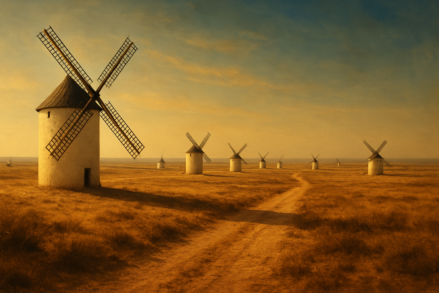 A broad, sun-drenched sweep of the La Mancha plain beneath an open, high sky: scrubby grass and a dust-scored track cut across the foreground toward a line of slow-turning windmills on the distant horizon. The landscape is spare and wind-bleached, the air clear so that heat shimmer blurs the farthest blades and the emptiness itself feels like a stage for big talk.
