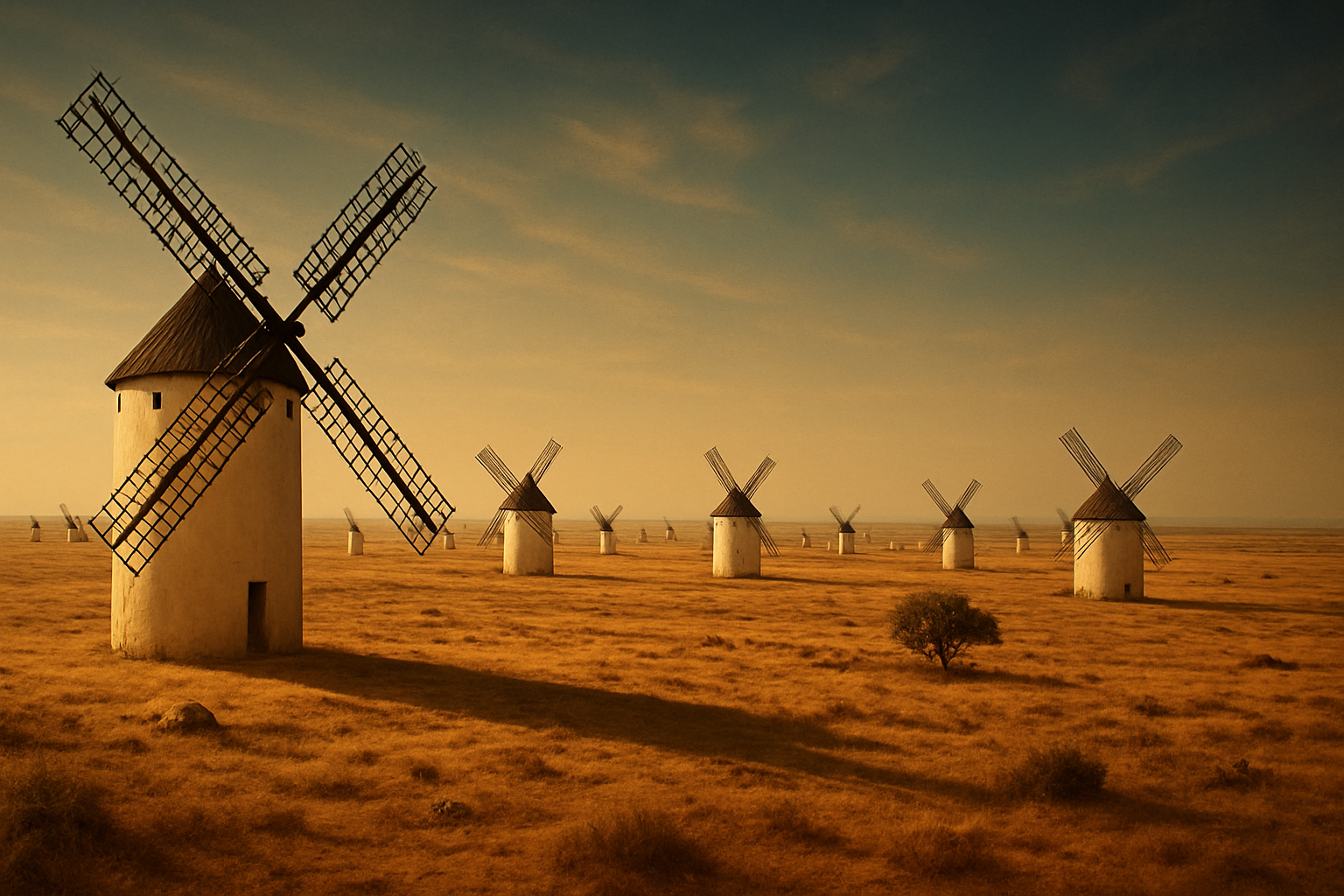 A vast, sun-bleached plain rolls to the horizon, dotted with thirty or forty whitewashed windmills whose tall wooden arms turn steadily in the breeze. Scrub grass, scattered rocks and a solitary oak punctuate the ochre earth beneath a wide, cloud-flecked sky.