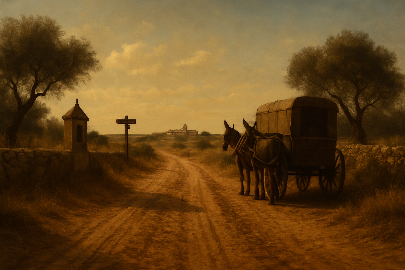 A rutted country road leads toward the low silhouette of Puerto Lapice, flanked by a dusty lay-by where a closed coach waits hitched to enormous mules and coiled harnesses. A wayside shrine and leaning signposts catch the bright light; wheel tracks and tossed straw suggest recent commotion under a high, glaring sky.