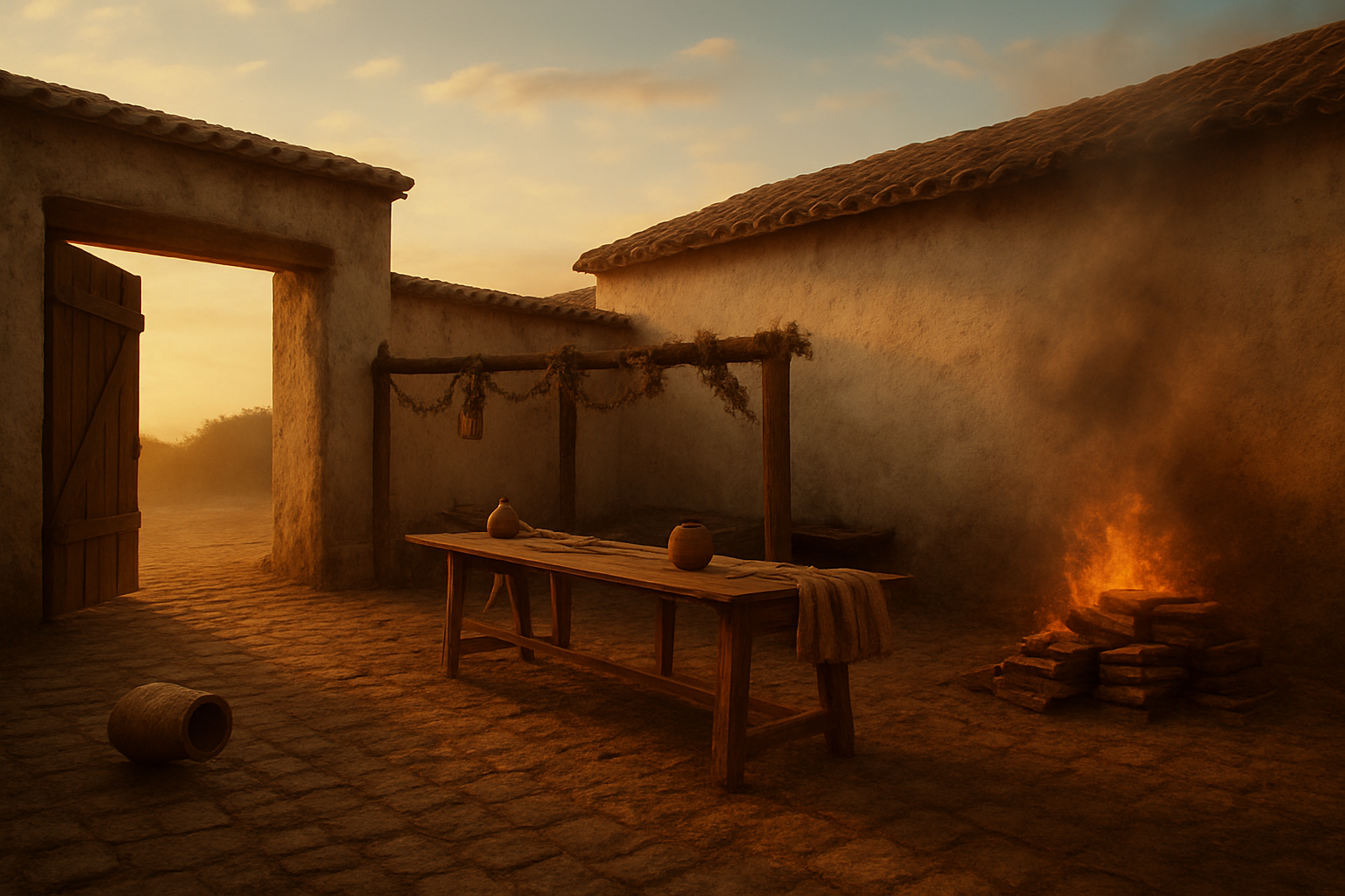 A sun-warmed village courtyard of pale stone and whitewashed walls; long wooden trestle tables stand empty now, scattered with overturned earthen jugs, folded cloths and a tangle of dried garlands. Lanterns hang from a lintel and a thin ribbon of smoke drifts up into a late golden sky, the cobbles still holding the heat of the day.