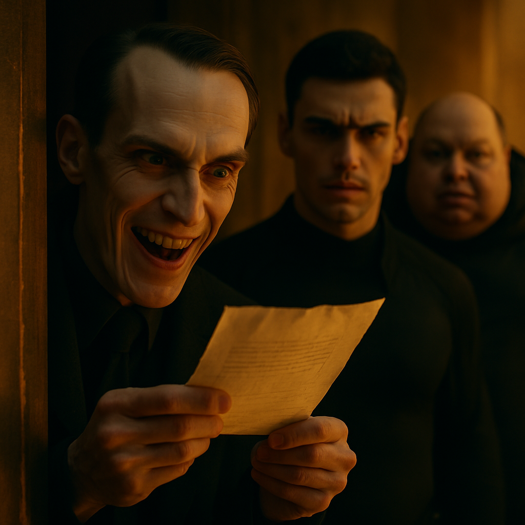 Piter cracks a door just wide enough to accept a message cylinder, unrolls it and breaks into mirth as he reads — his gleeful laugh echoing off the chamber walls. Feyd-Rautha shifts, smoothing his black leotard, while the Baron watches with a patient, hungry impatience. The unrolled cylinder is a pivot: the Atreides’ curt refusal hangs between mockery and threat.